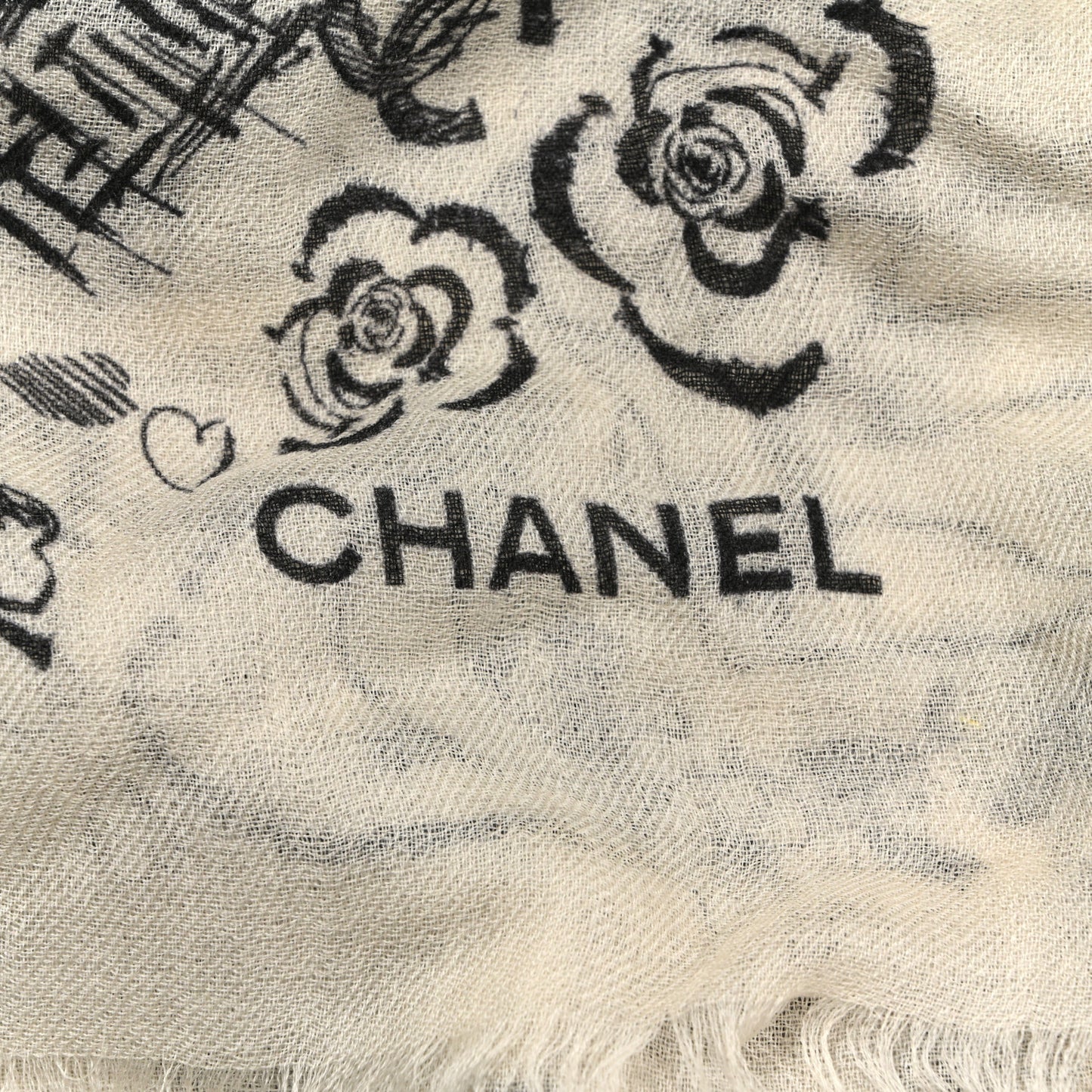 Cashmere Graffiti Print CC Logo Stole Ecru Black