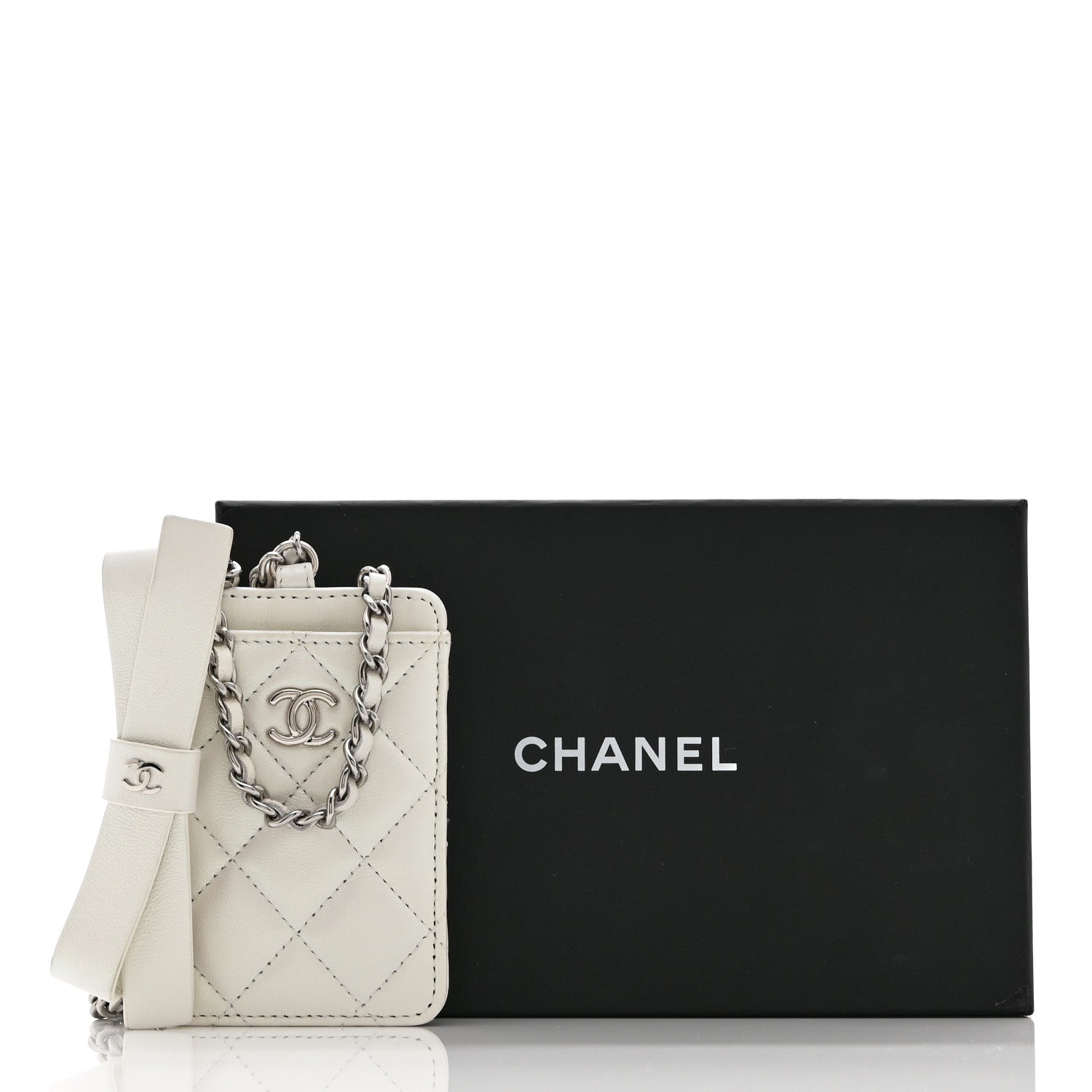 Chanel Iridescent Lambskin Quilted Coco Bow Card Holder On Chain White 9 of 9