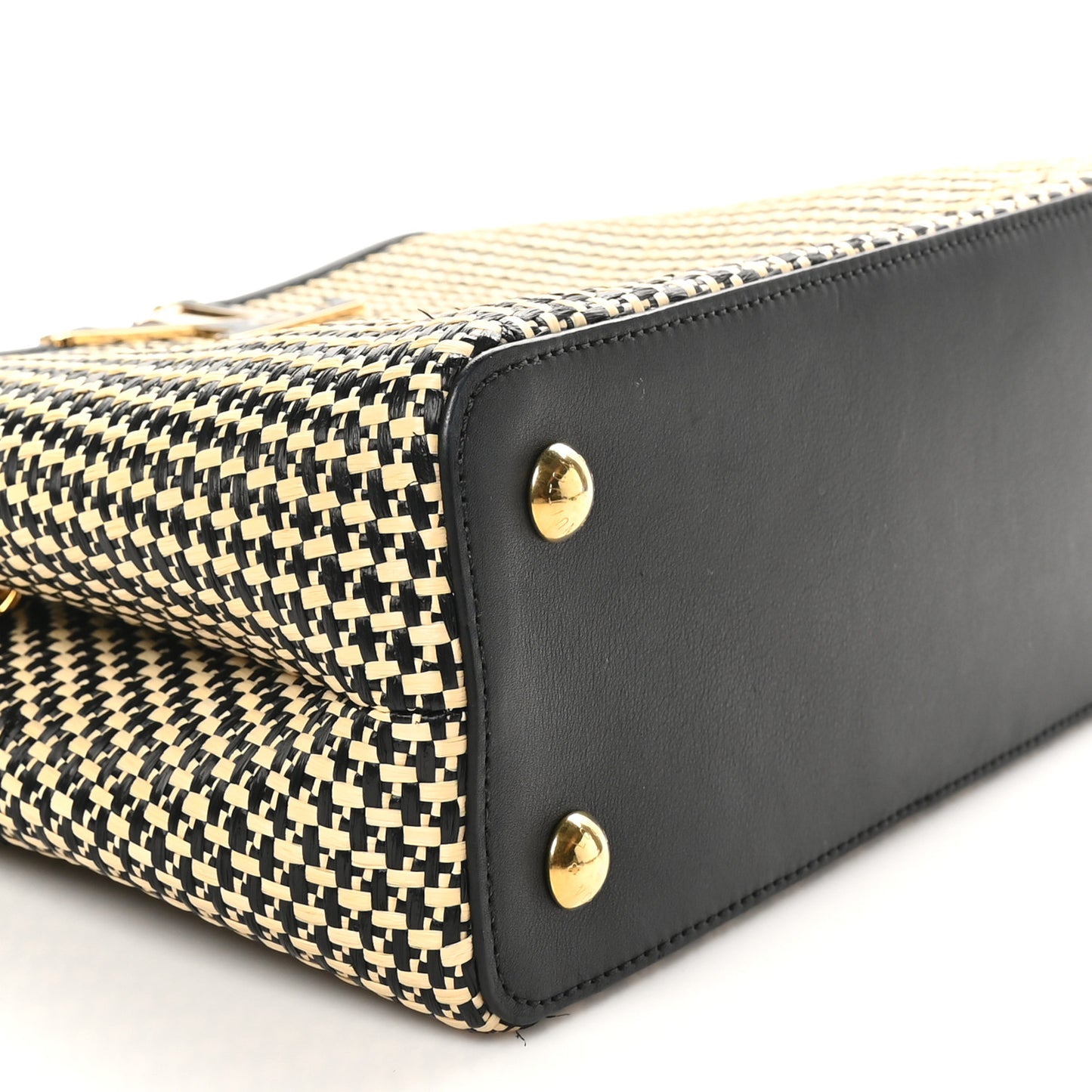 Raffia Calfskin Capucines MM Black Ecru