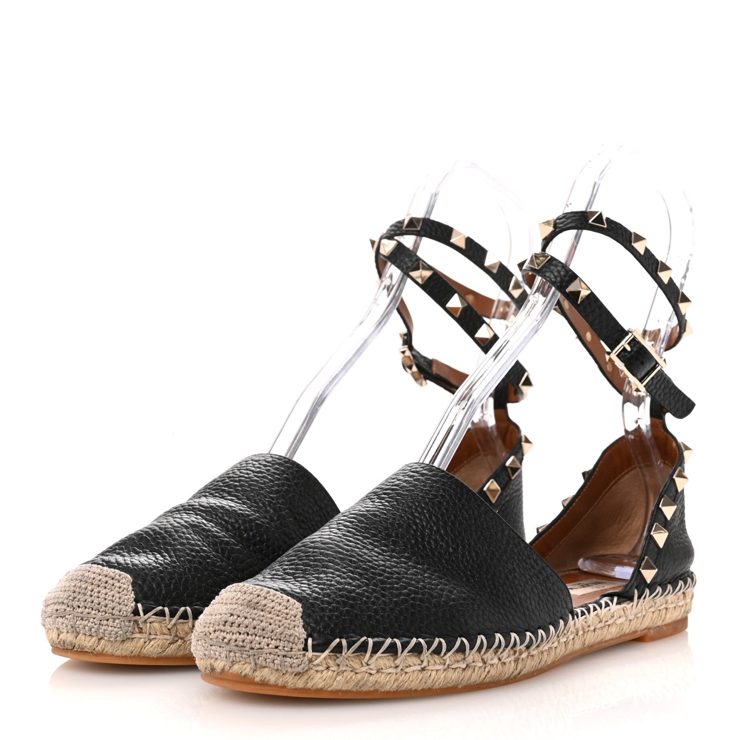 Valentino Garavani Grained Calfskin Rockstud Ankle Wrap Espadrille 20mm Flats 39 Black Light Cuir Natural 4 of 14