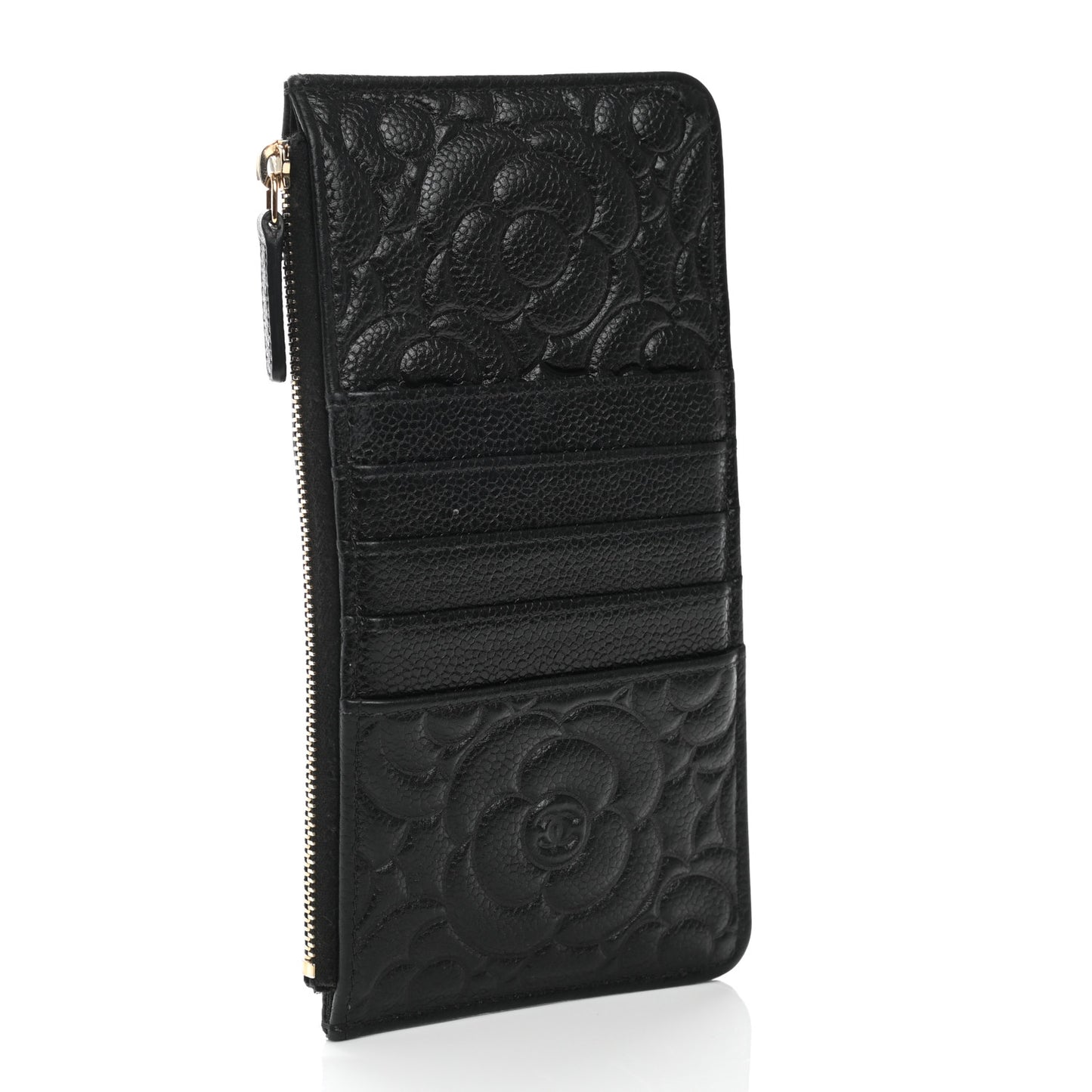 Caviar Camellia Embossed Classic Flat Wallet Pouch Black