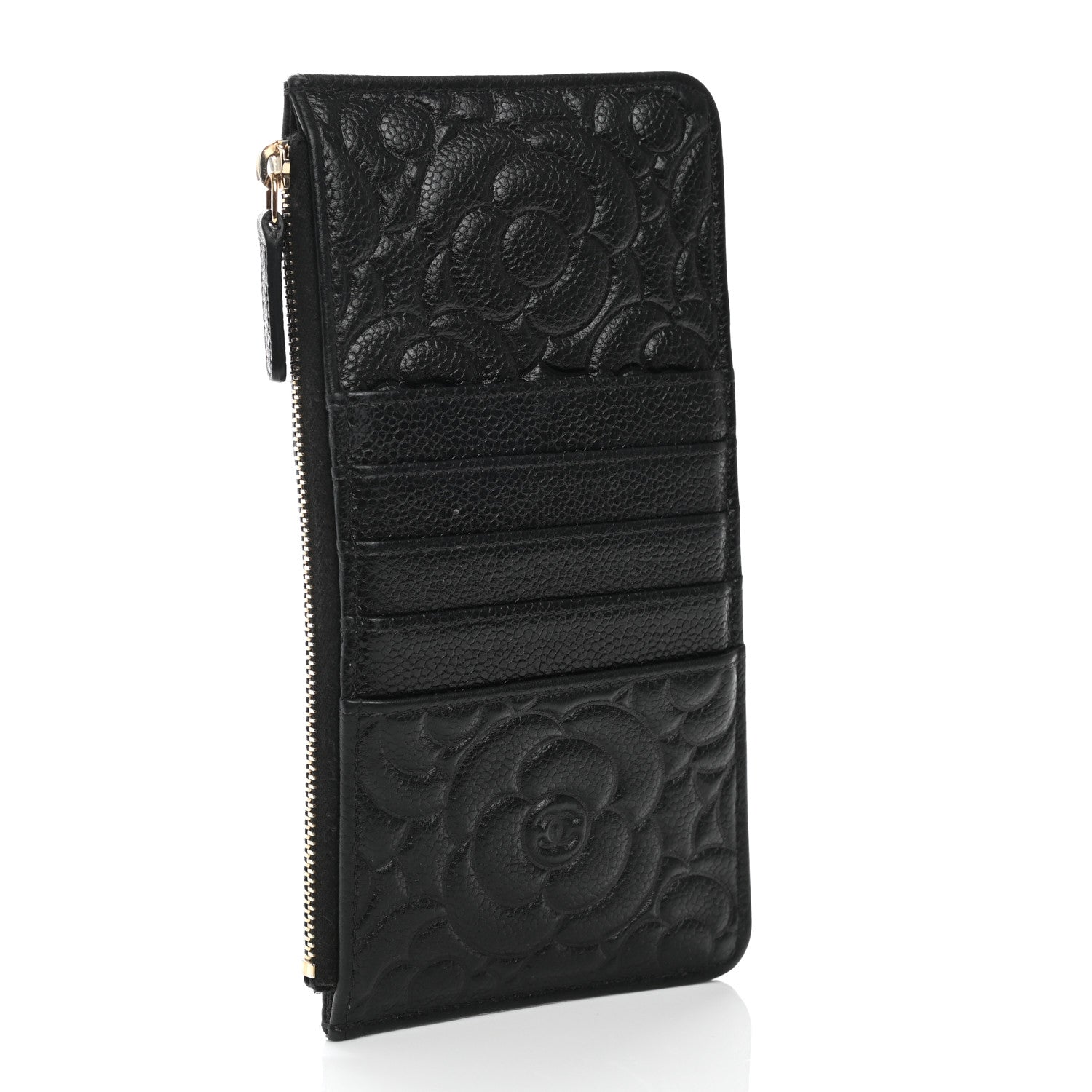 Chanel Caviar Camellia Embossed Classic Flat Wallet Pouch Black 3 of 9