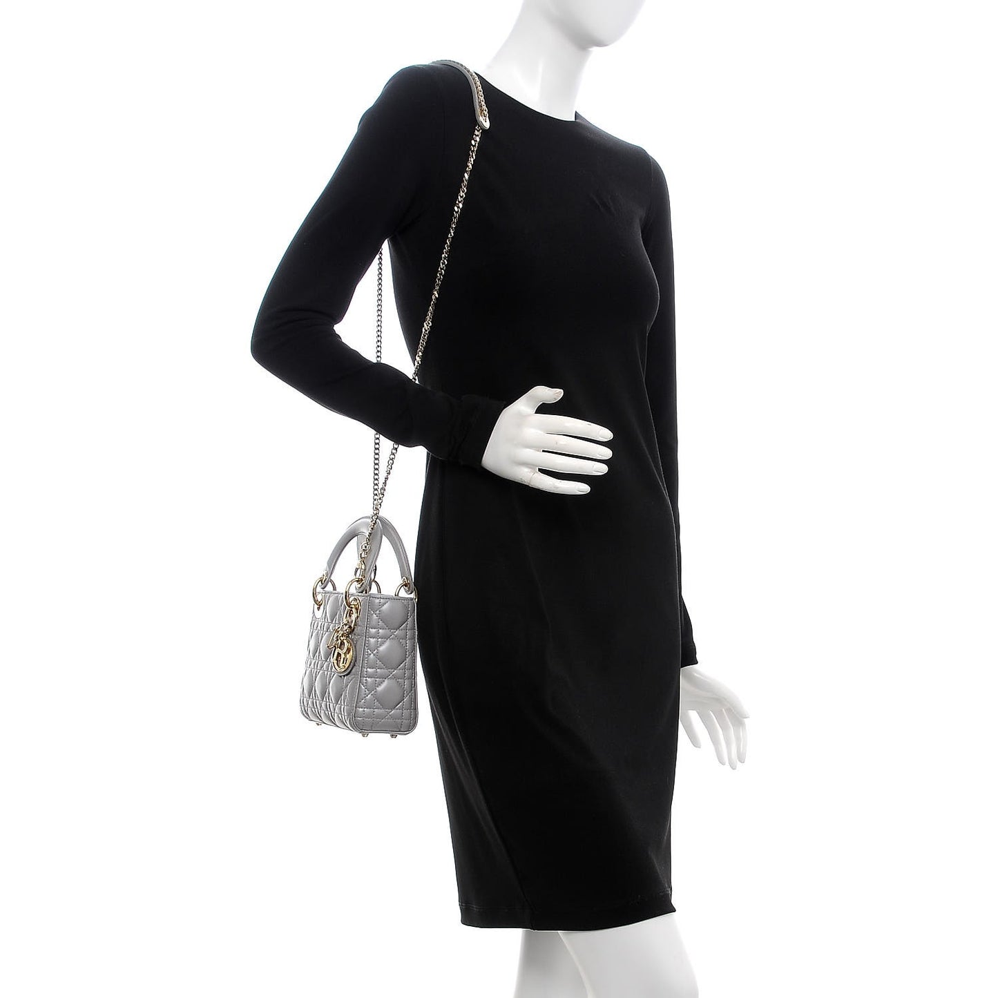 Metallic Lambskin Cannage Mini Lady Dior Grey