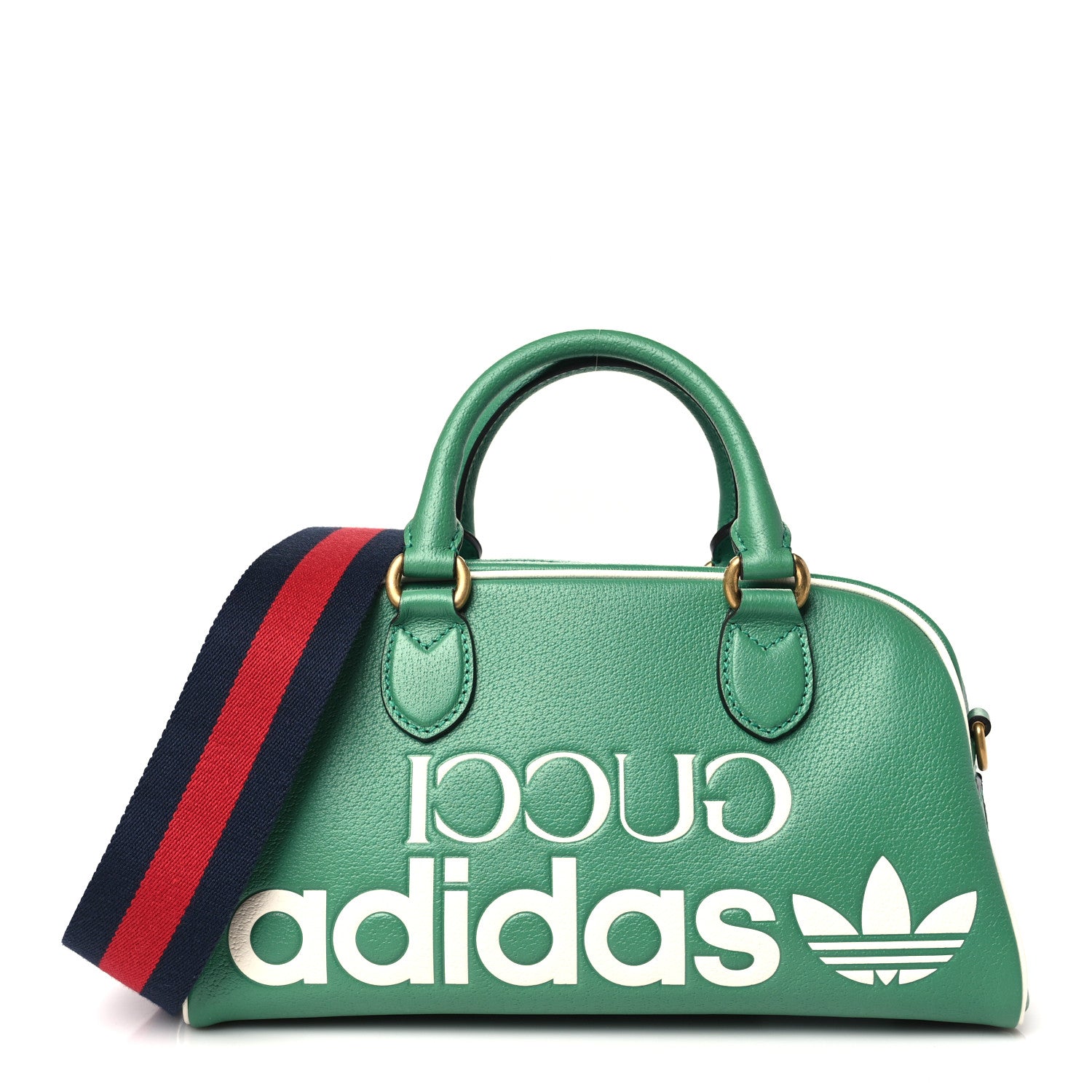 Gucci X ADIDAS Textured Dollar Calfskin Web Trefoil Logo Embossed Mini Bowling Bag New Shamarock Off White 1 of 10
