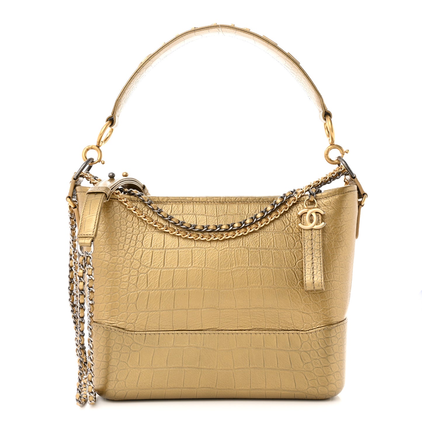 Metallic Calfskin Crocodile Embossed Medium Gabrielle Cocodile Hobo Gold