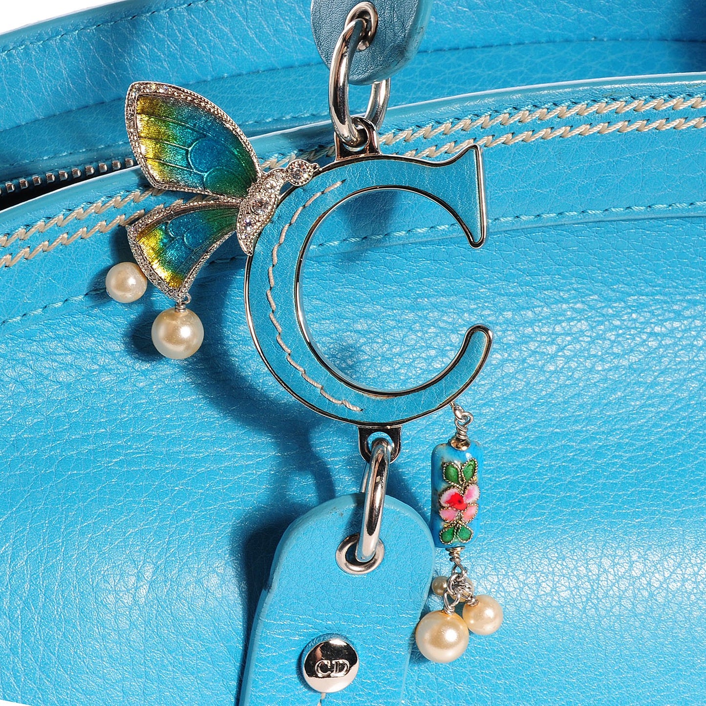 Calfskin Butterfly Pearls Frame Satchel Blue