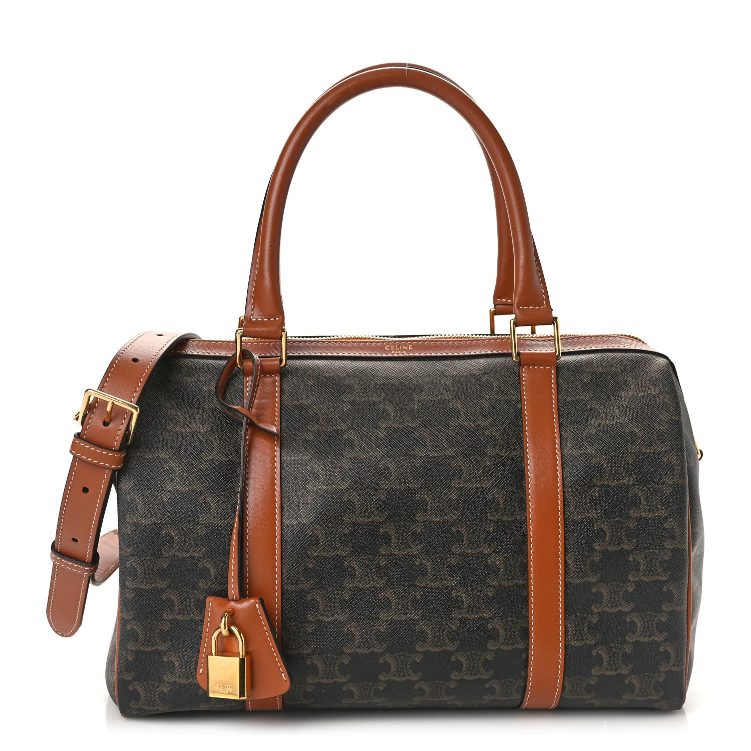 Celine Triomphe Canvas Calfskin Boston Bag Tan 1 of 8