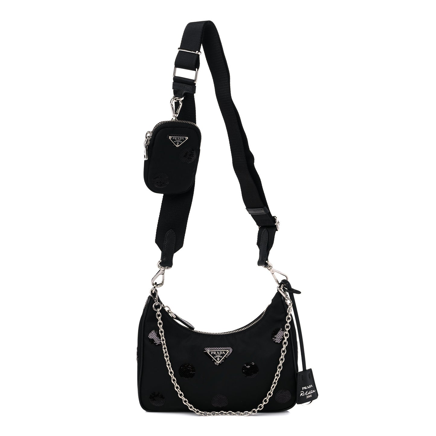Nylon Sequin Embellished Polka Dot Re-Edition 2005 Shoulder Bag Black