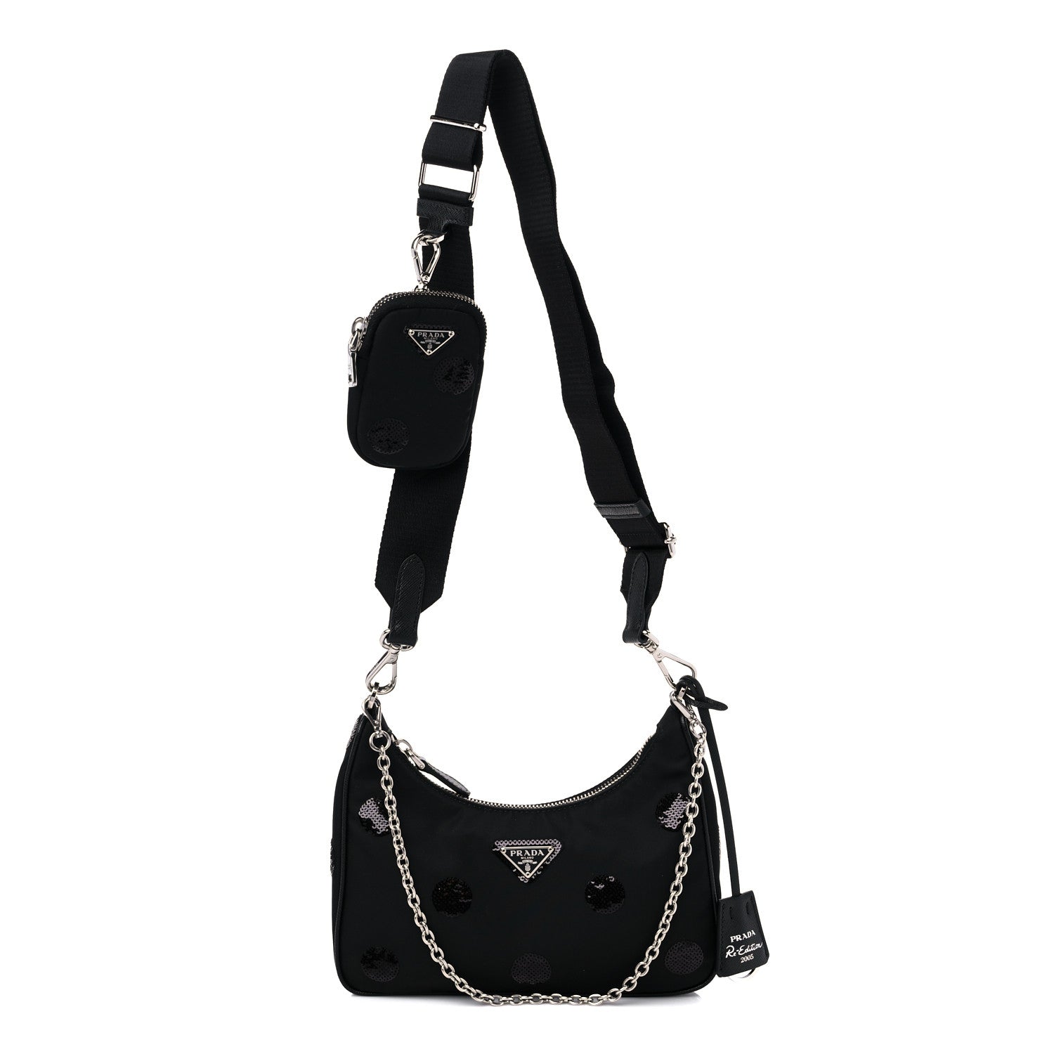 Prada Nylon Sequin Embellished Polka Dot Re-Edition 2005 Shoulder Bag Black 1 of 9