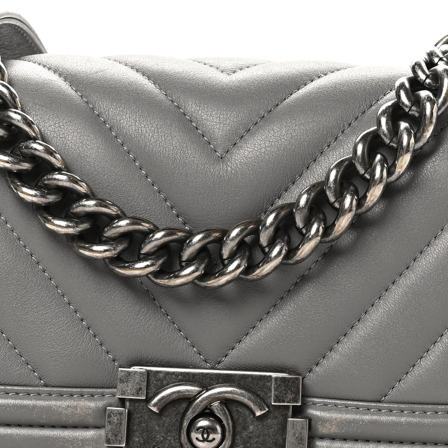 Calfskin Chevron Quilted Small Boy Flap Grey