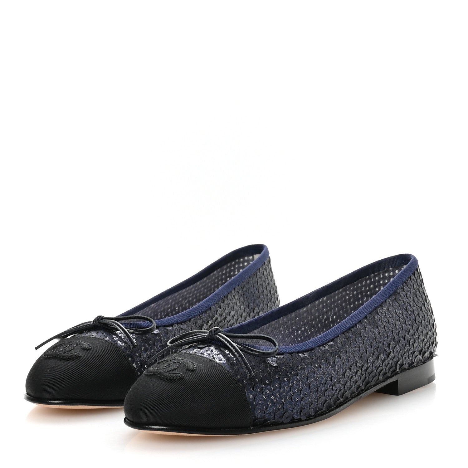 Chanel Glittered Muslin Grosgrain Cap Toe Ballerina Flats 37 Navy Blue Black 4 of 8