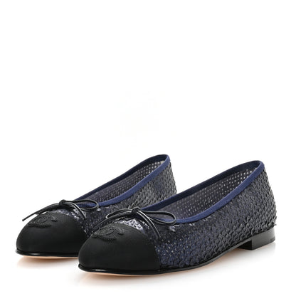 Chanel Glittered Muslin Grosgrain Cap Toe Ballerina Flats 37 Navy Blue Black 4 of 8