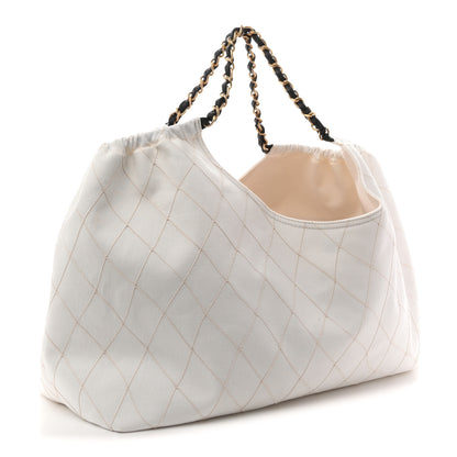 Chanel Denim Calfskin Quilted Coco Beach Small Shopping Tote White Black 4 of 11