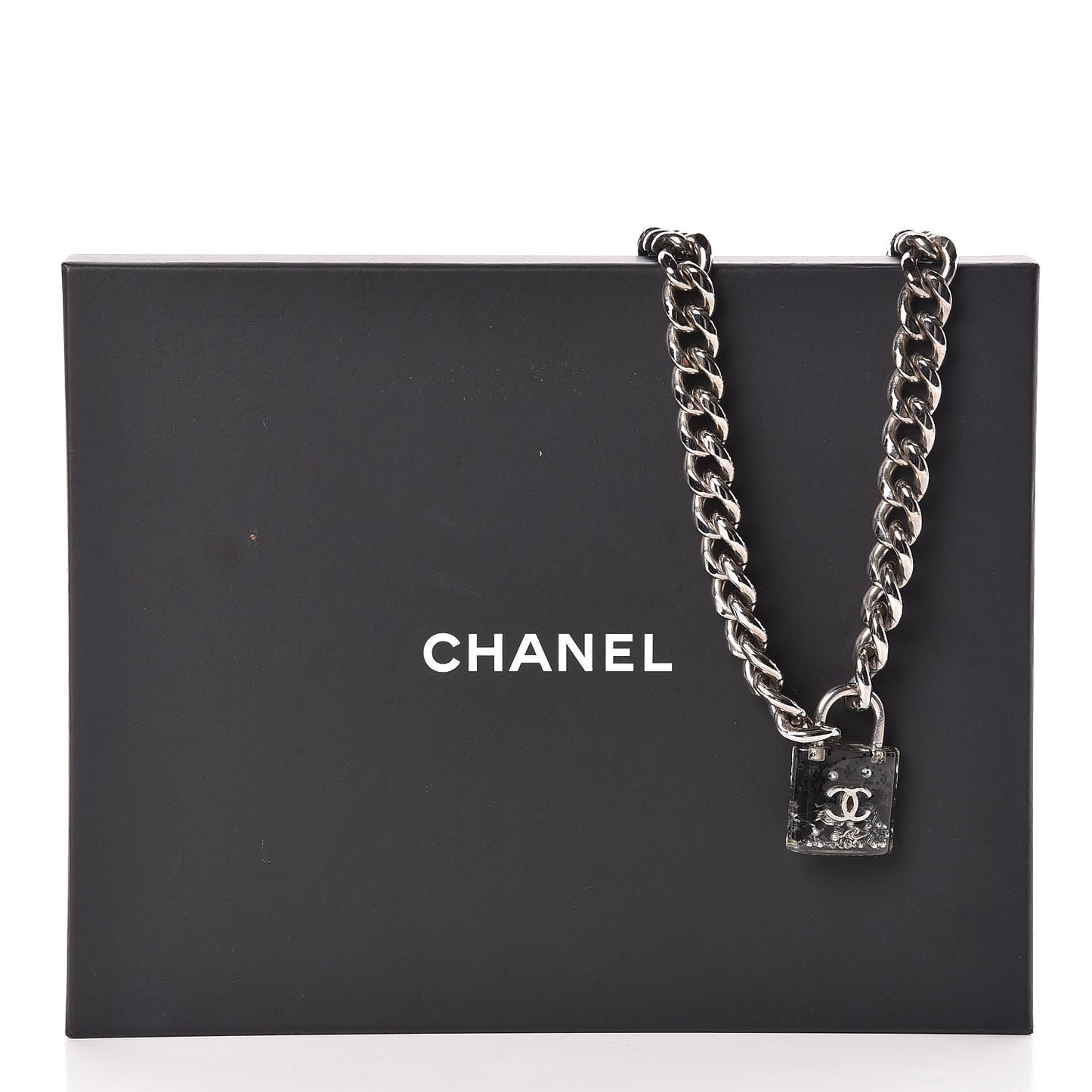 Resin CC Oversized Padlock Chain Necklace Silver Pearly White
