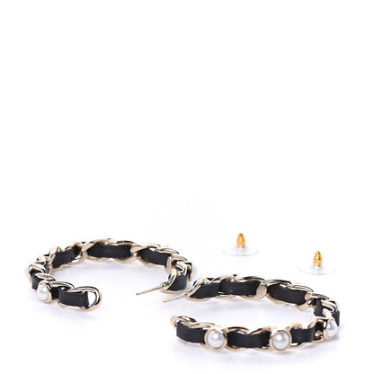 Chanel Lambskin Pearl CC Chain Hoop Earrings Gold Black 3 of 5