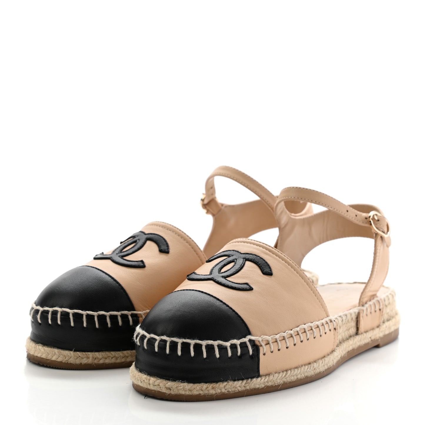 Lambskin Cap Toe CC Espadrille Sandals 36 Beige Black