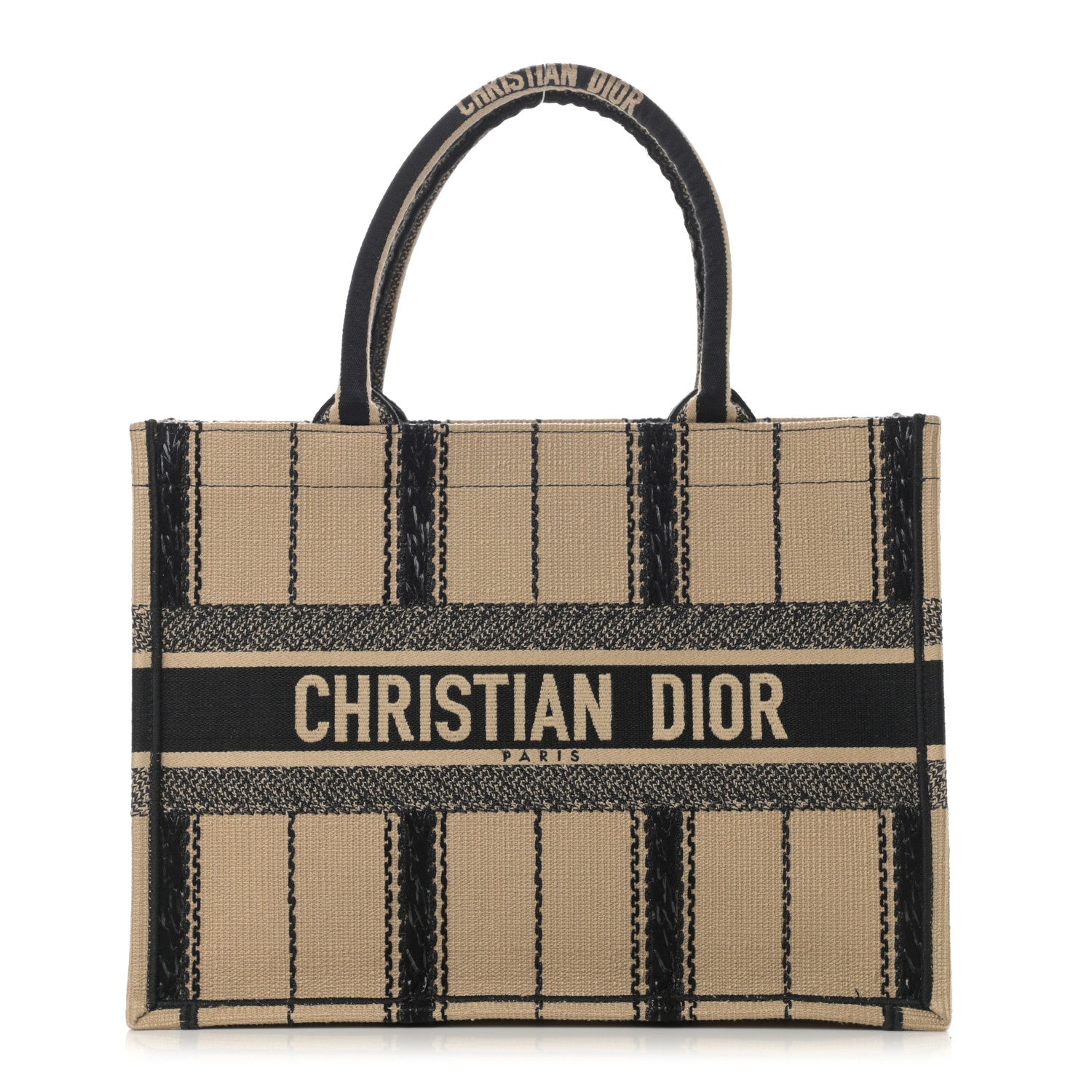Christian Dior Canvas Embroidered Medium Bayadere Book Tote Black Beige 1 of 13