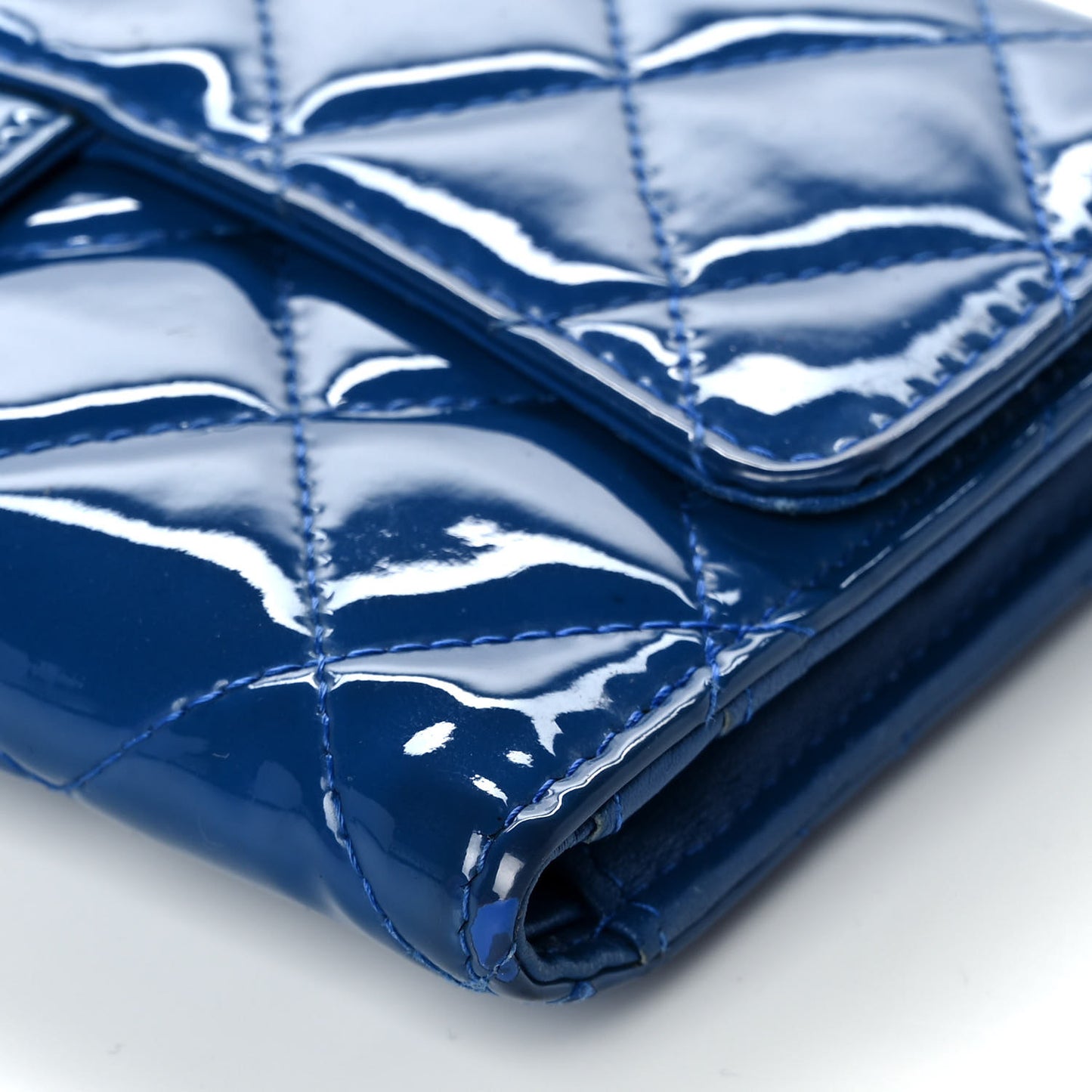 Patent Calfskin Quilted Large Flap Wallet Blue