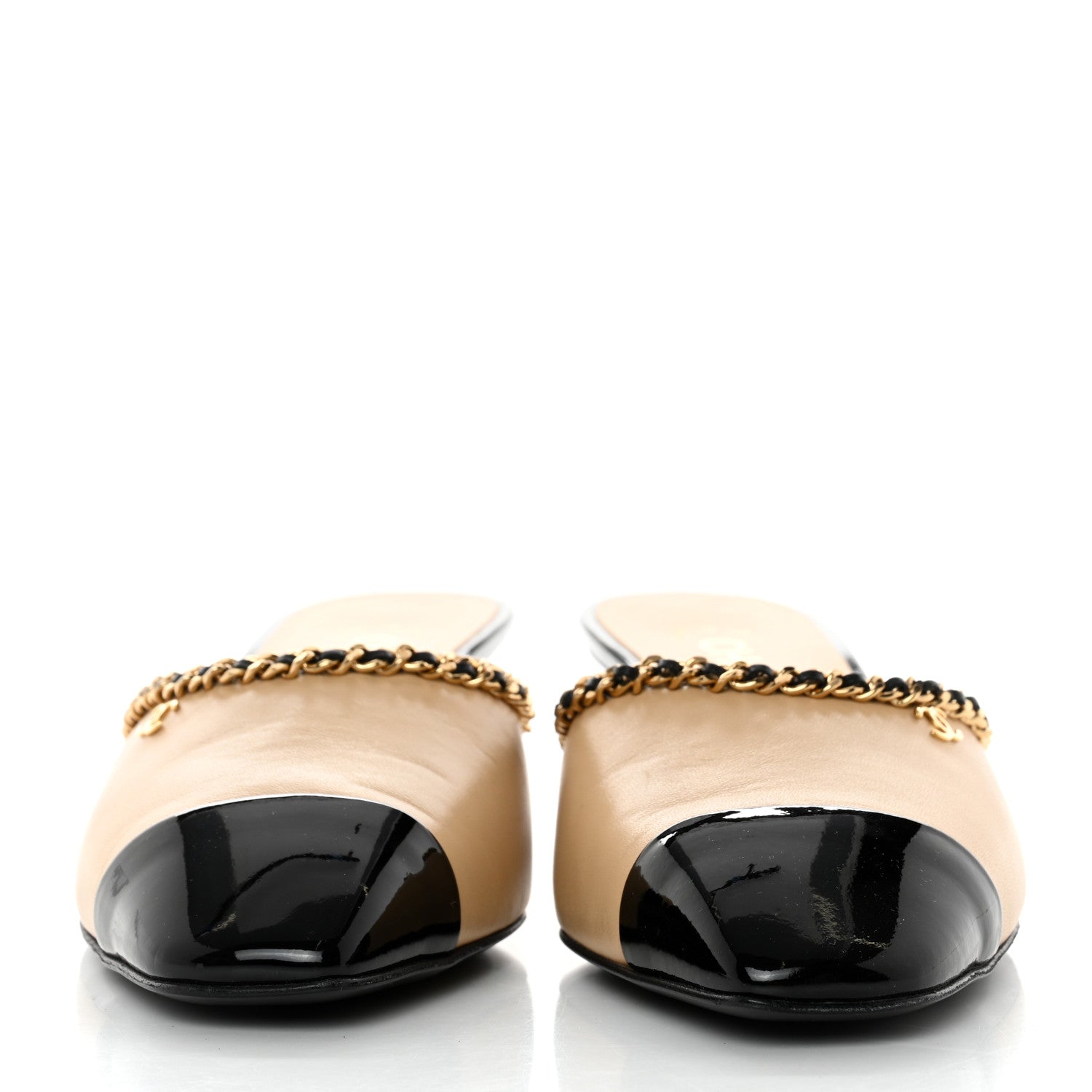 Chanel Lambskin Patent Cap Toe Chain Mule 37.5 Beige Black 2 of 9
