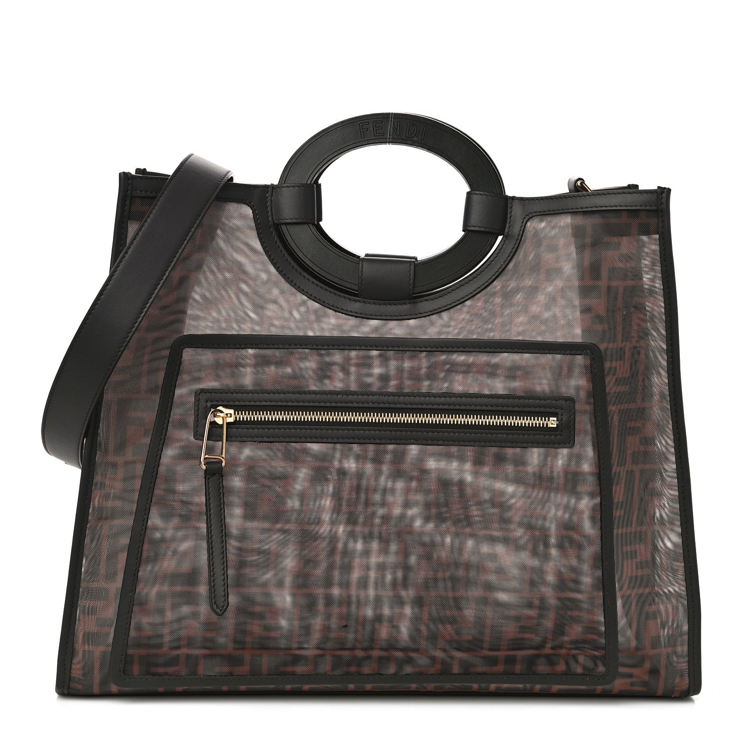 Fendi Mesh Vitello Century Cuoio FF 1974 Medium Runaway Shopper Tote Marrone Black Ebano 1 of 12