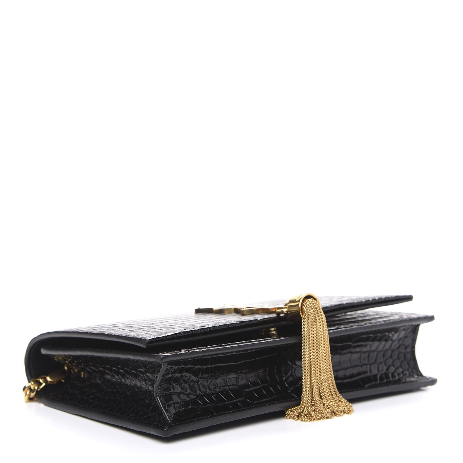 Saint Laurent Calfskin Crocodile Embossed Kate Monogram Tassel Chain Wallet Black 3 of 8
