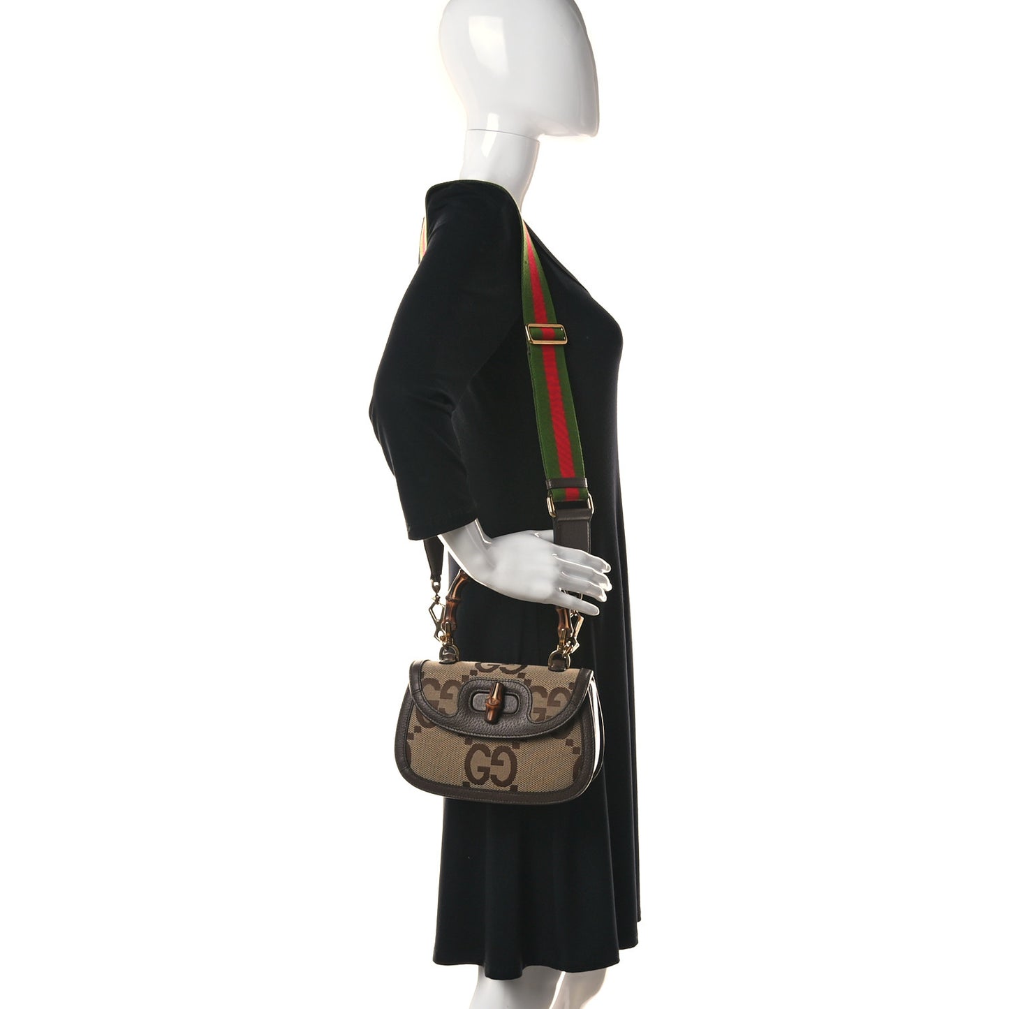 Monogram Jumbo GG Textured Dollar Calfskin Web Small Bamboo 1947 Top Handle Bag Camel Ebony New Acero