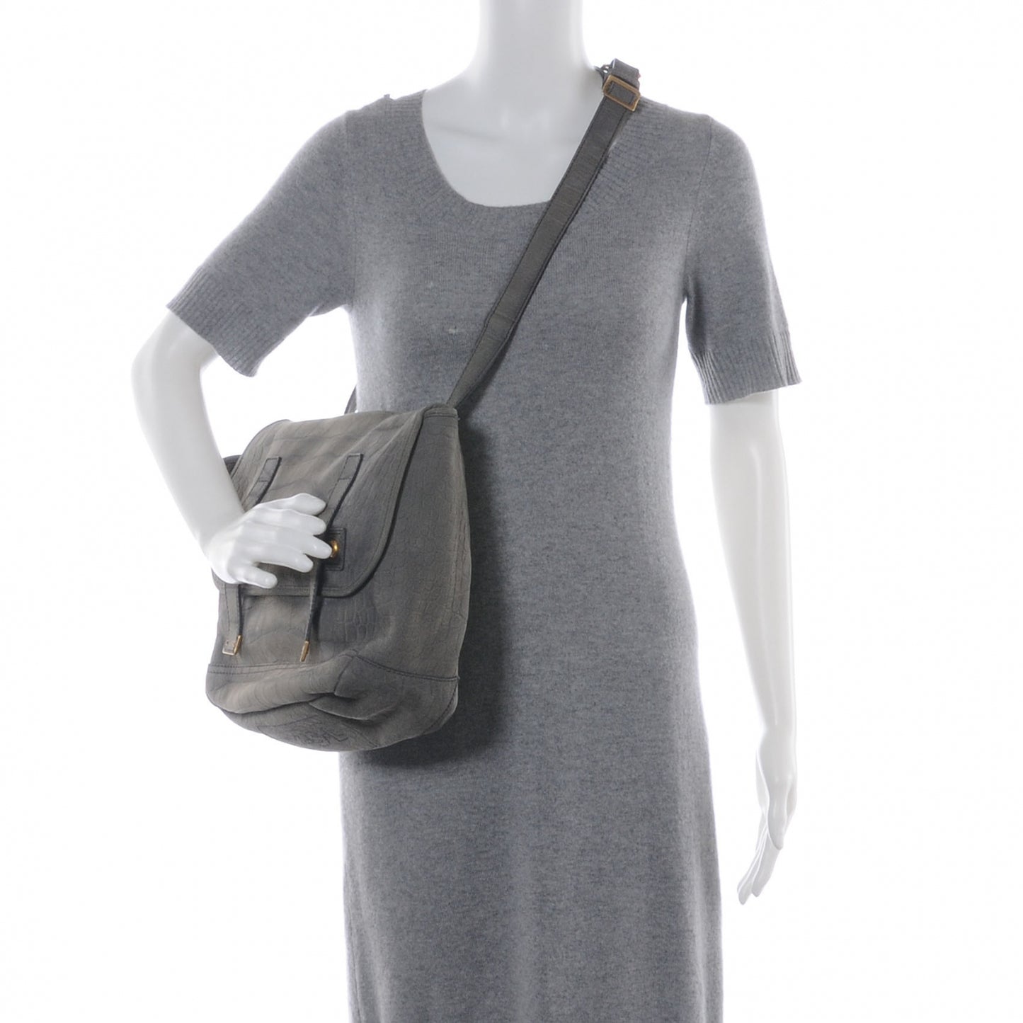 Crocodile Embossed Nubuck Besace Shoulder Bag Grey