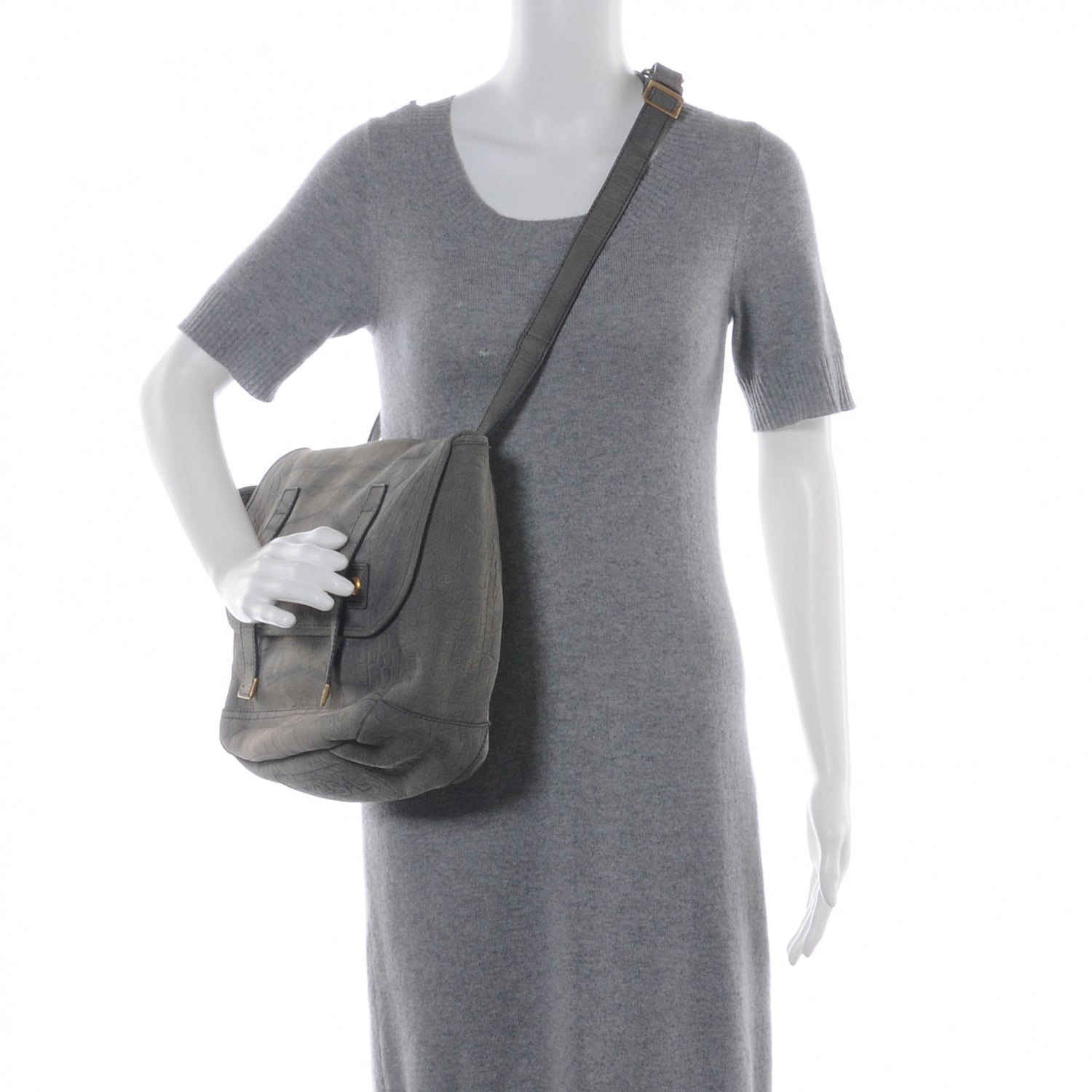 Saint Laurent Crocodile Embossed Nubuck Besace Shoulder Bag Grey 2 of 7