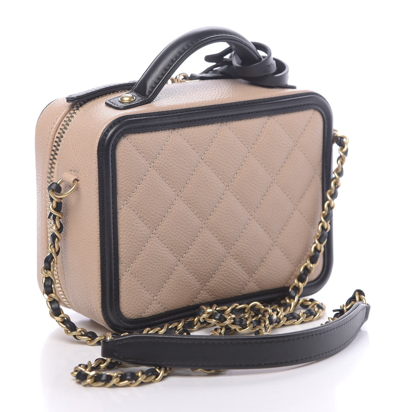Caviar Quilted Small CC Filigree Vanity Case Beige Black
