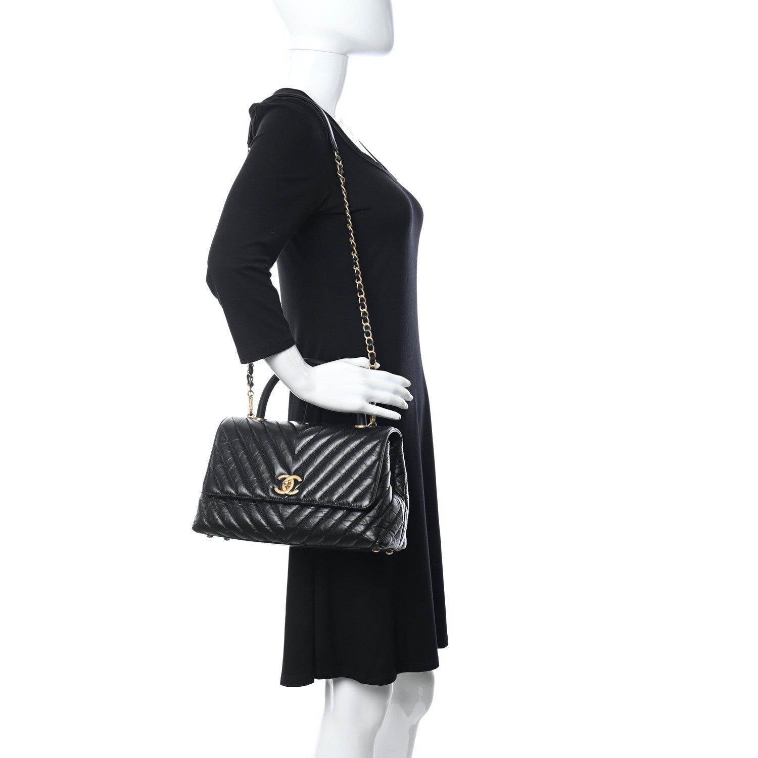 Chanel Aged Calfskin Chevron Quilted Small Coco Handle Flap Black 2 of 12