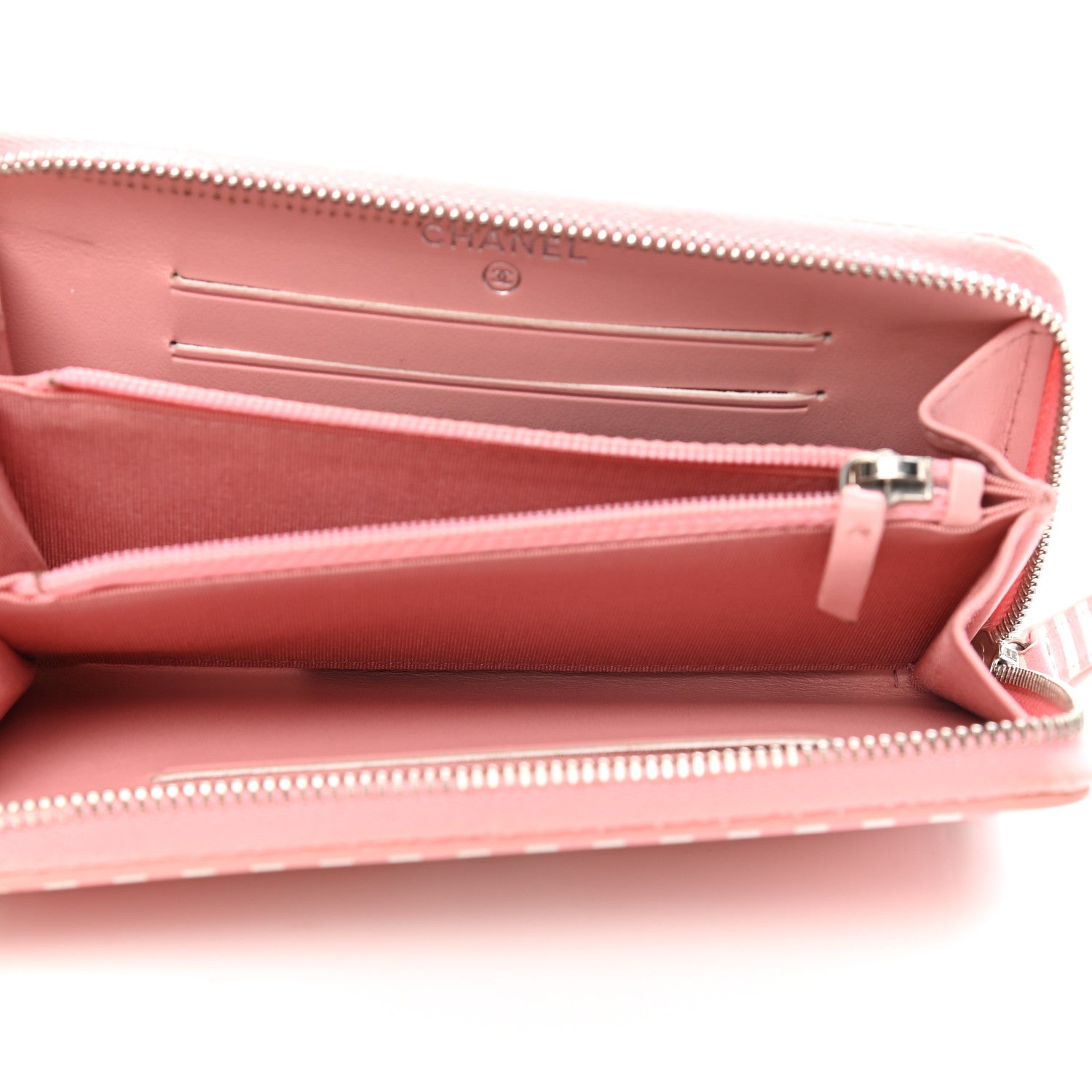 Chanel Caviar Quilted Medium Stripe Filigree Zip Around Wallet Pink White 5 of 15
