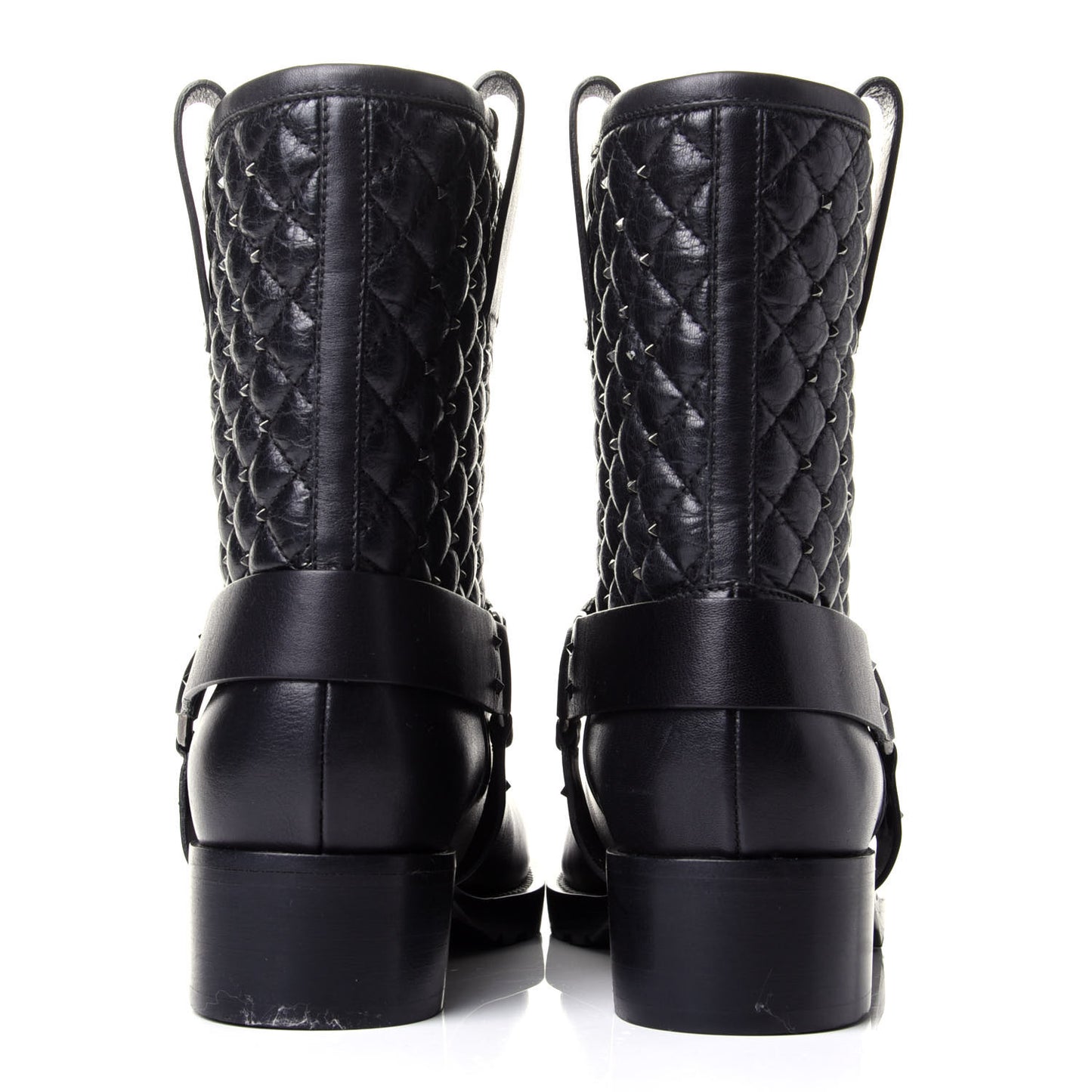 Calfskin Crackled Lambskin Rockstud Spike 20mm Biker Boots 38.5 Black