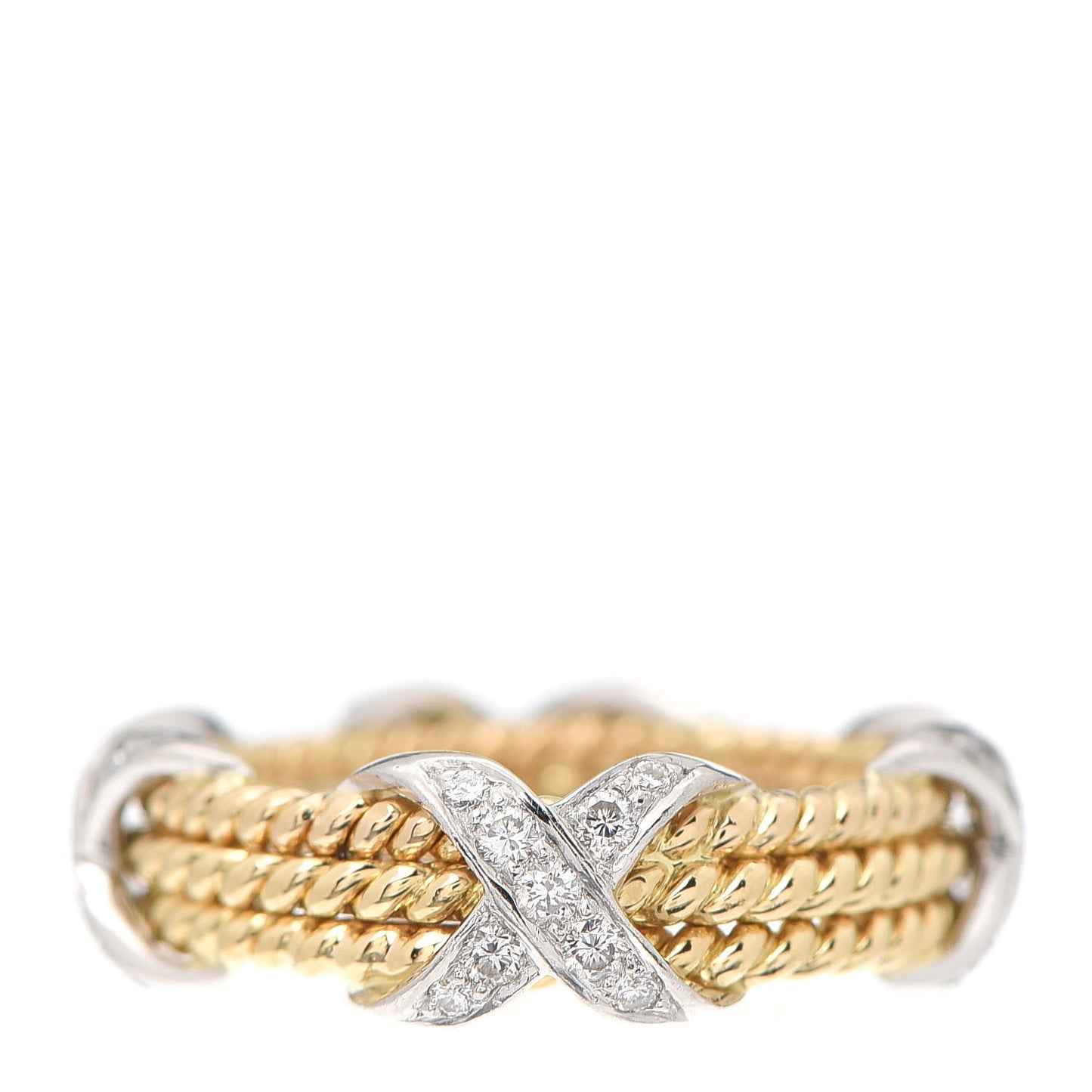 18K Yellow Gold Platinum Diamond Schlumberger Rope 3 Row X Ring 50 5.25