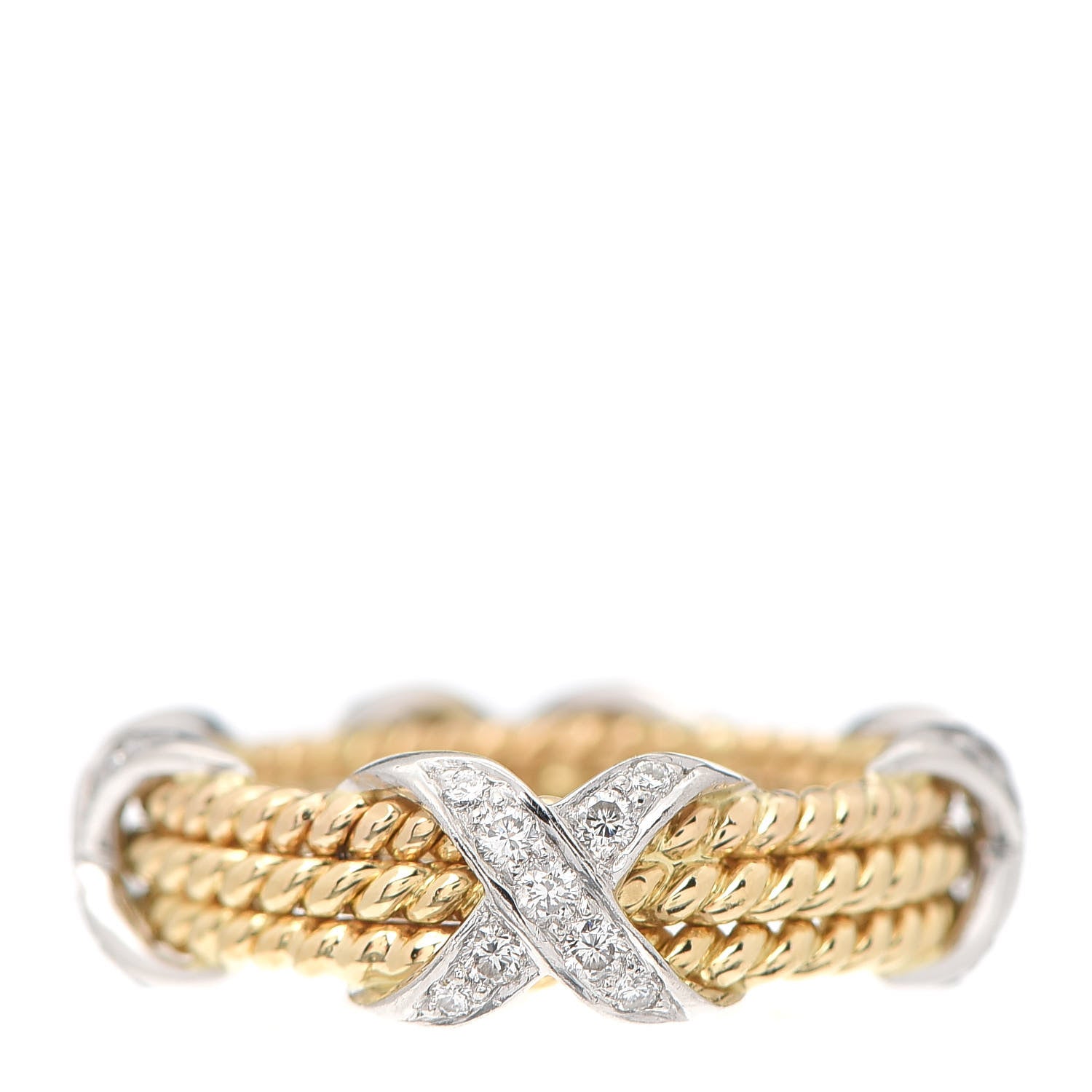 Tiffany 18K Yellow Gold Platinum Diamond Schlumberger Rope 3 Row X Ring 50 5.25 3 of 4