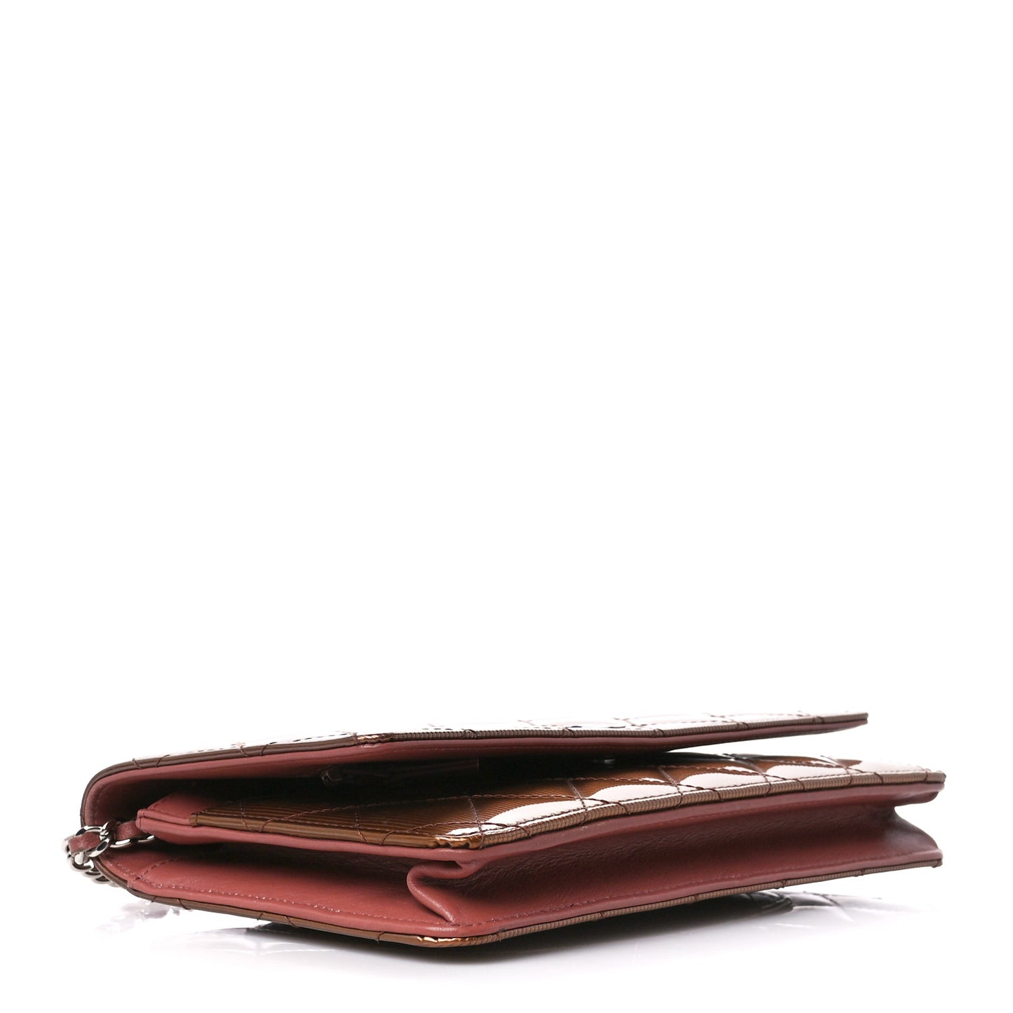 Metallic Striated Patent Quilted Wallet on Chain WOC Bronze