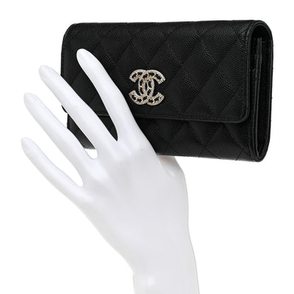 Chanel Caviar Quilted Crystal CC Large Gusset Flap Wallet Black 2 of 10