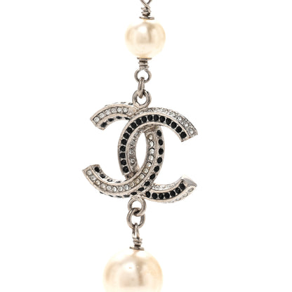Chanel Metal Pearl Crystal Bead CC Long Necklace Silver Black 4 of 5