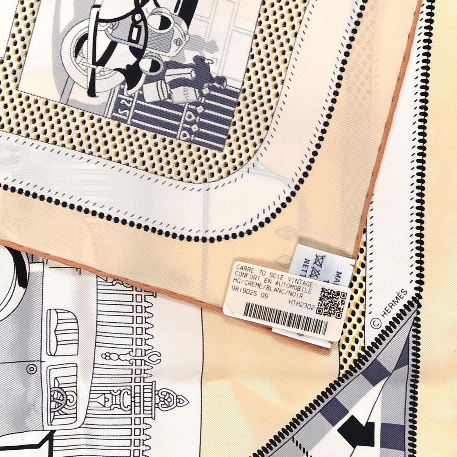 Hermes Silk Confort En Automobile Scarf 70 Creme White Black 3 of 3