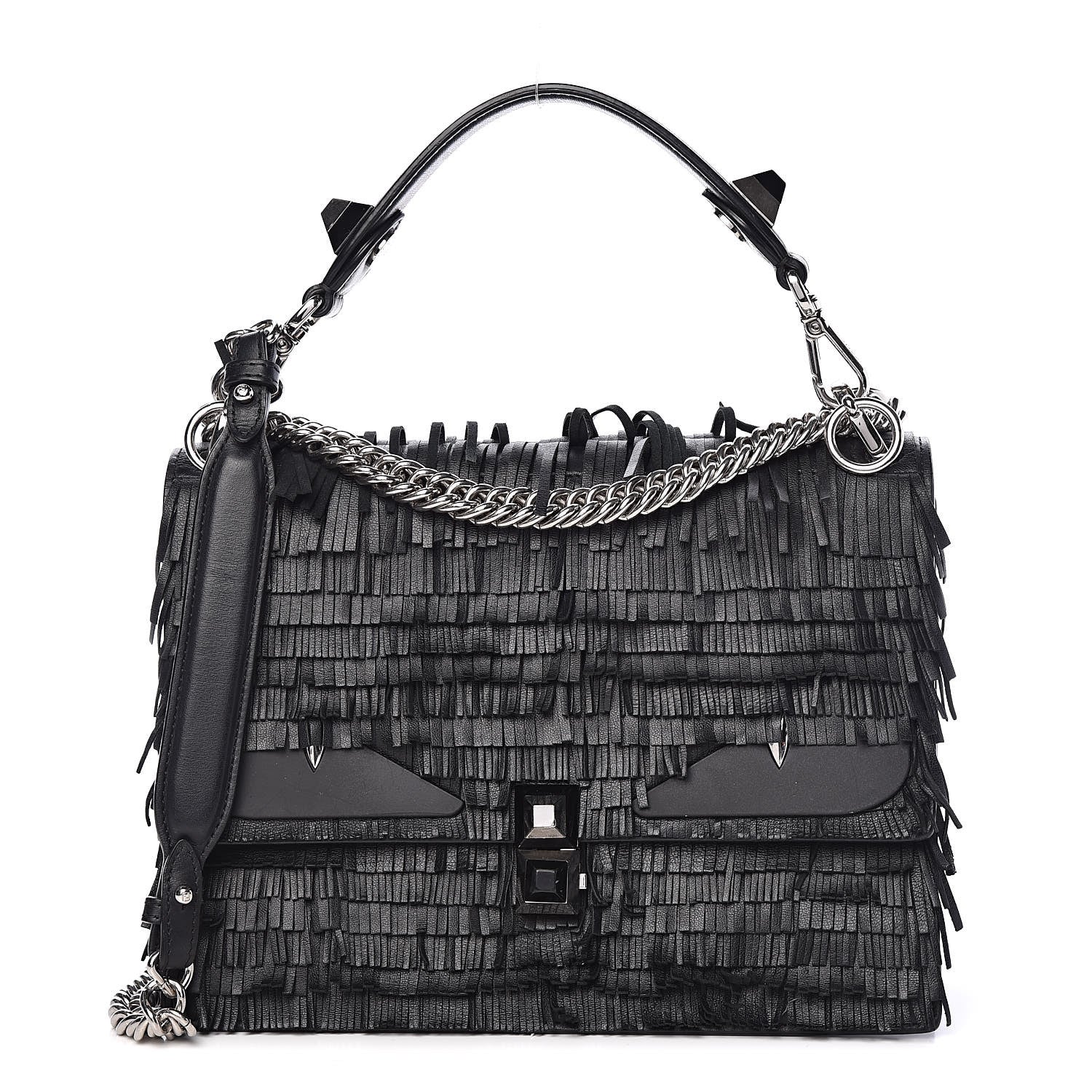 Fendi Vitello Century Opaco Monster Eyes Fringe Studded Kan I Shoulder Bag Black 1 of 11