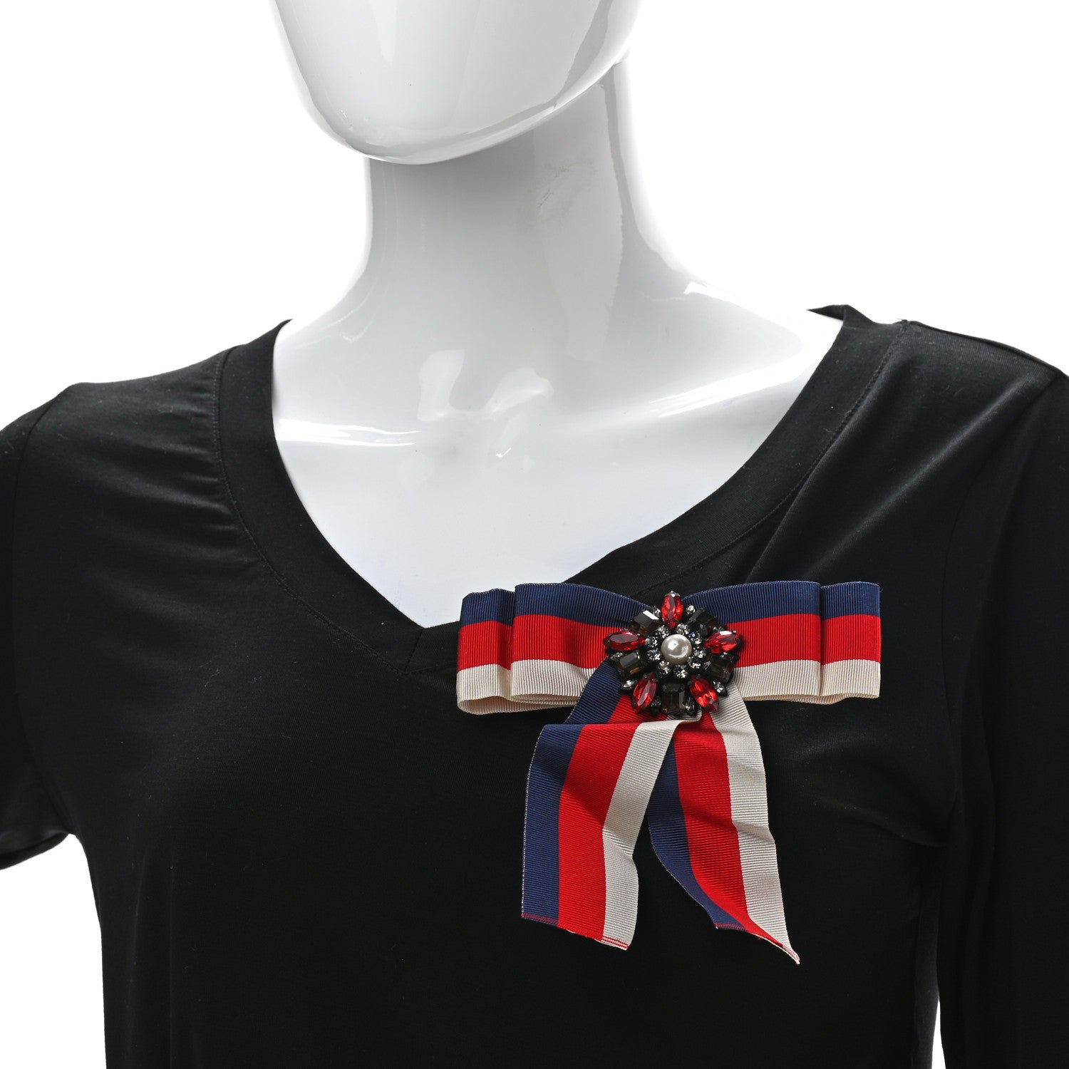 Gucci Grosgrain Web Crystal Bow Brooch Red White Blue 2 of 6