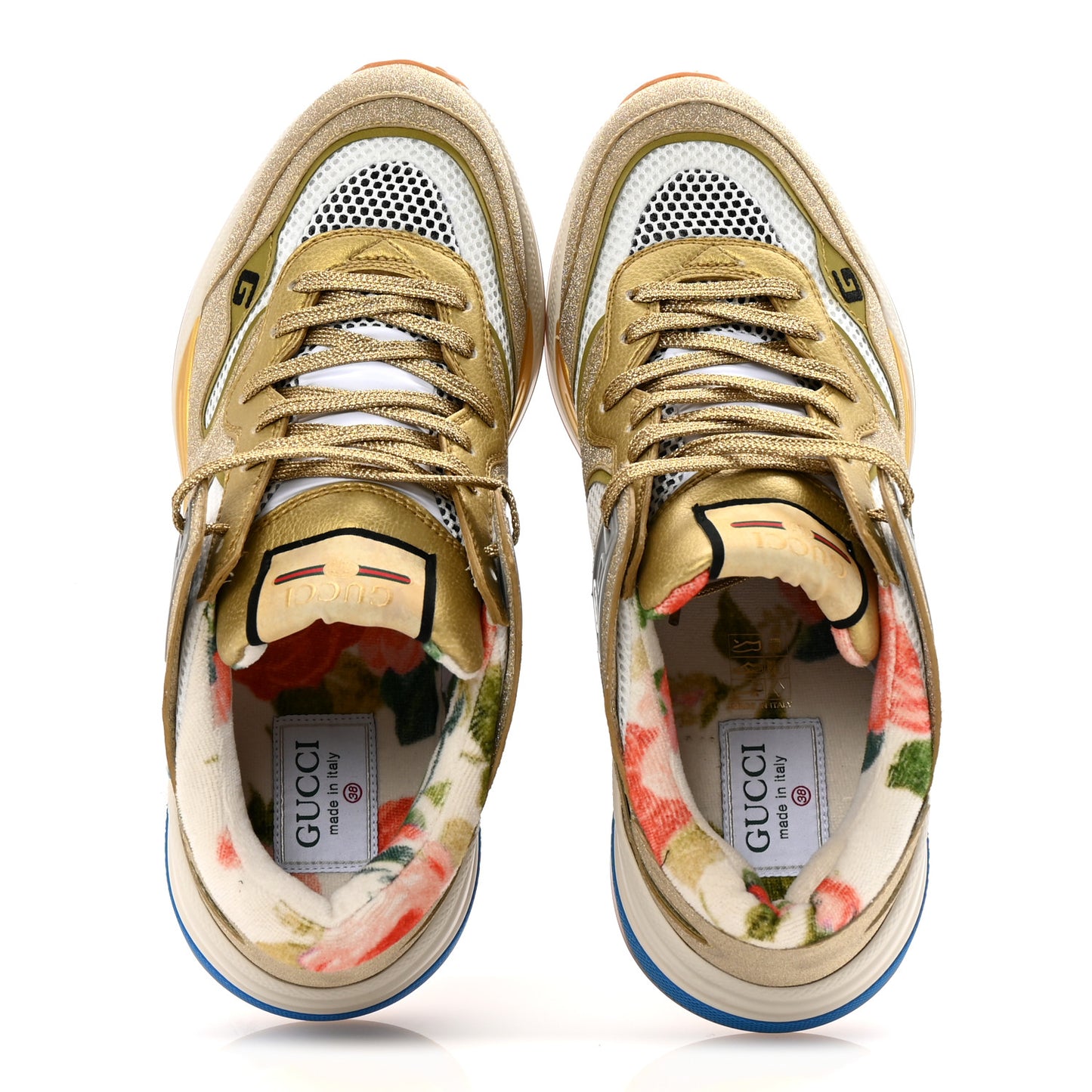 Metallic Calfskin Glitter Mesh Womens Ultrapace Sneakers 38 Gold