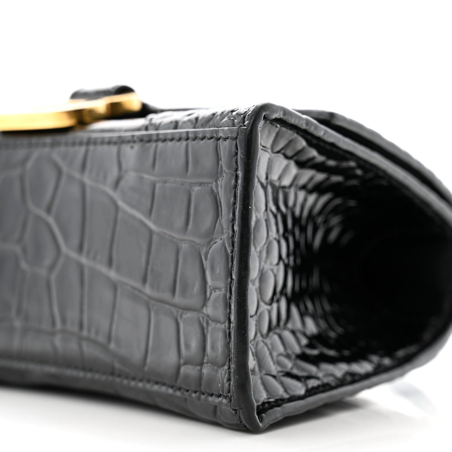 Shiny Calfskin Crocodile Embossed Hourglass Top Handle Bag XS Black
