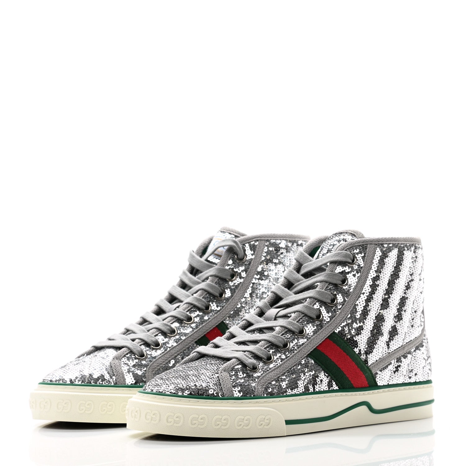 Gucci Sequin Web Matelasse Womens 1977 Tennis High Top Sneakers 38 Silver Light Grey 3 of 8