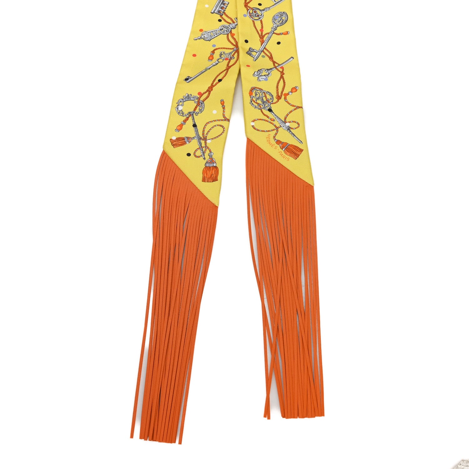 Hermes Silk Calfskin Les Cles A Pois Fringed Twilly Jaune Argent