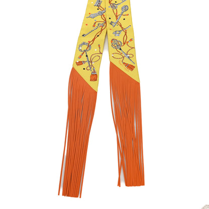Hermes Silk Calfskin Les Cles A Pois Fringed Twilly Jaune Argent Orange Vif 2 of 3
