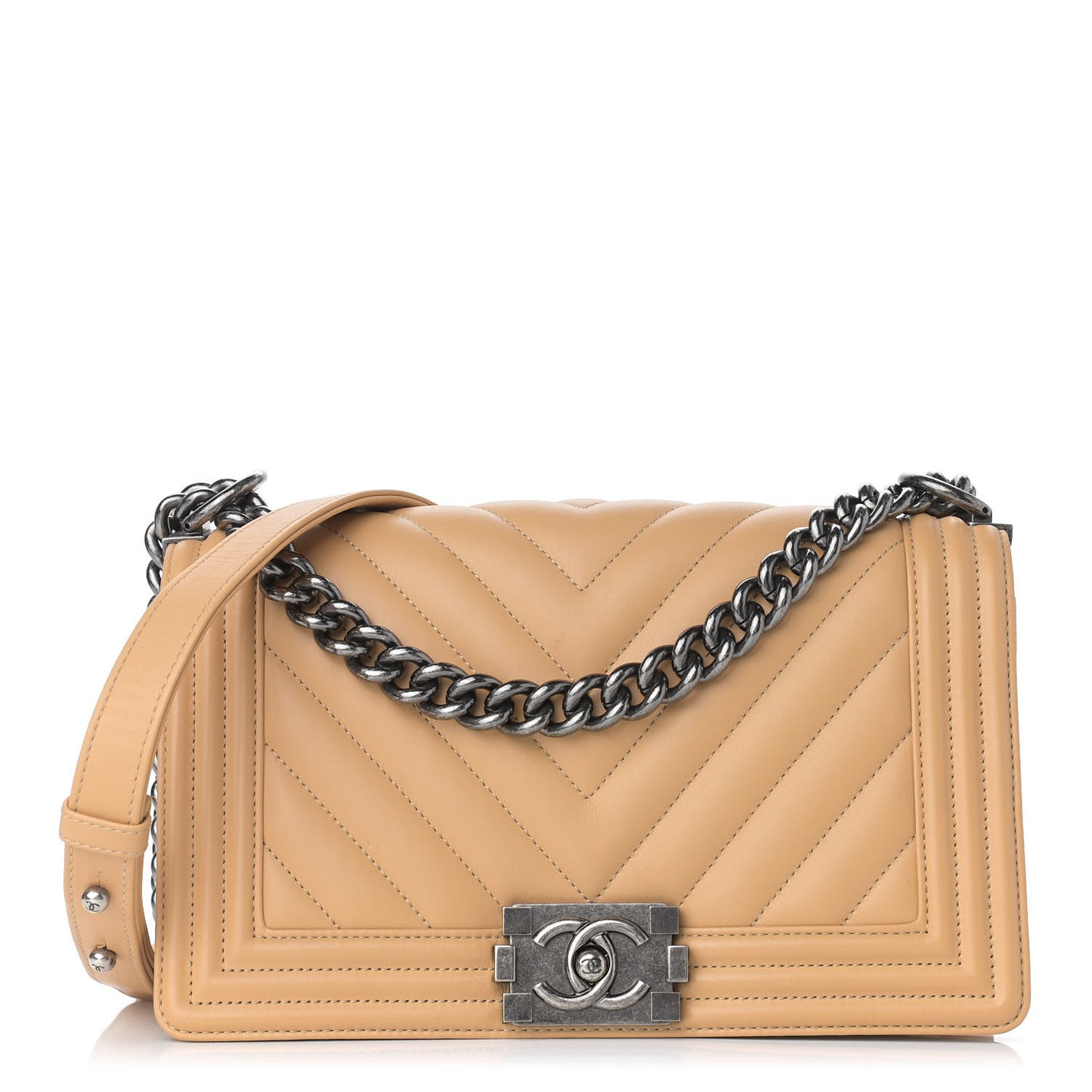 Calfskin Chevron Quilted Medium Boy Flap Beige
