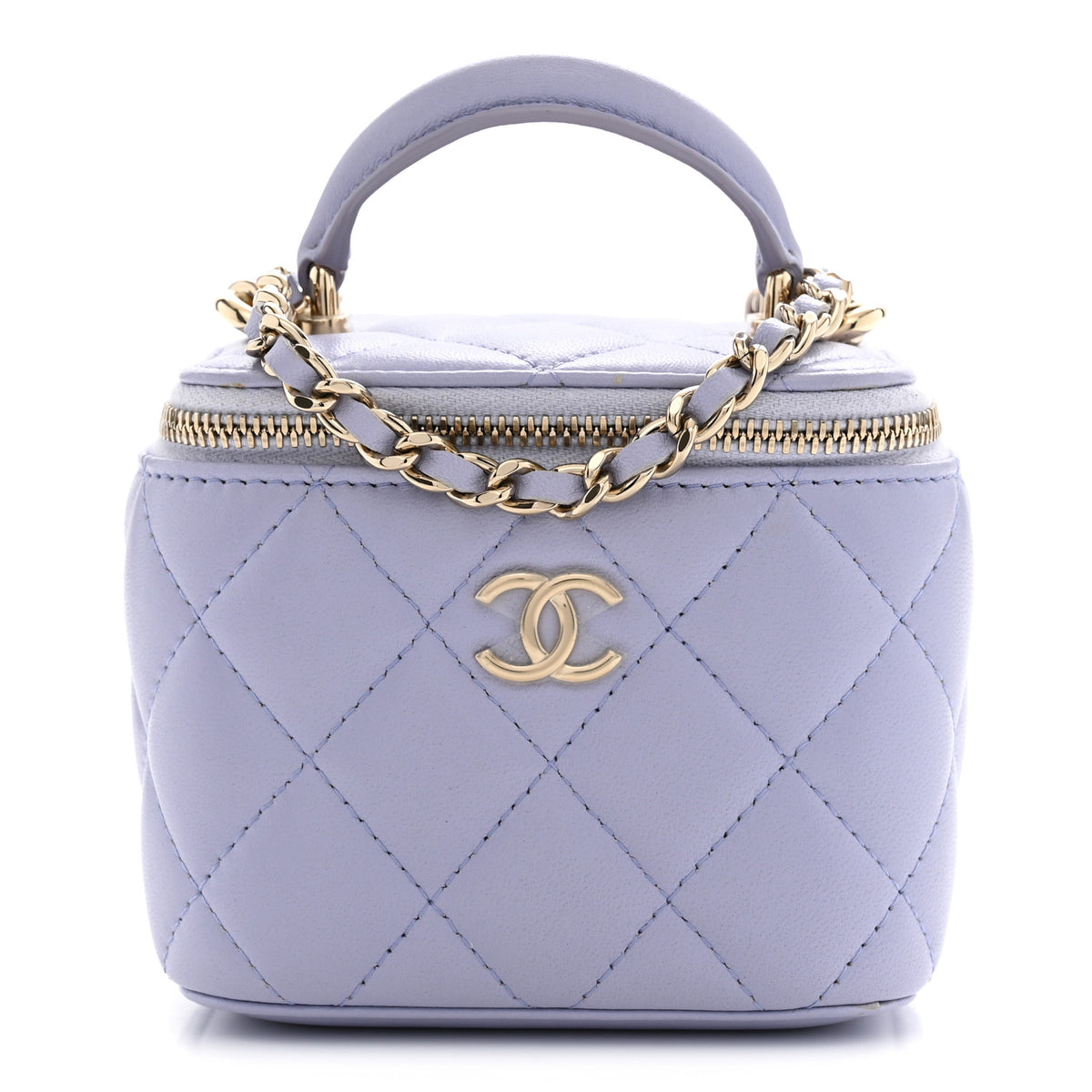 Lambskin Quilted Top Handle Mini Vanity Case With Chain Light Purple