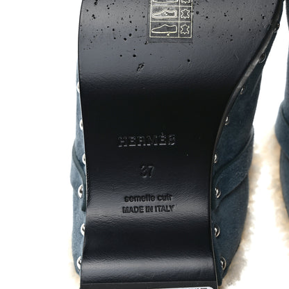 Hermes Suede Goatskin Woolskin Carlotta Mules 37 Bleu Pinede 5 of 7