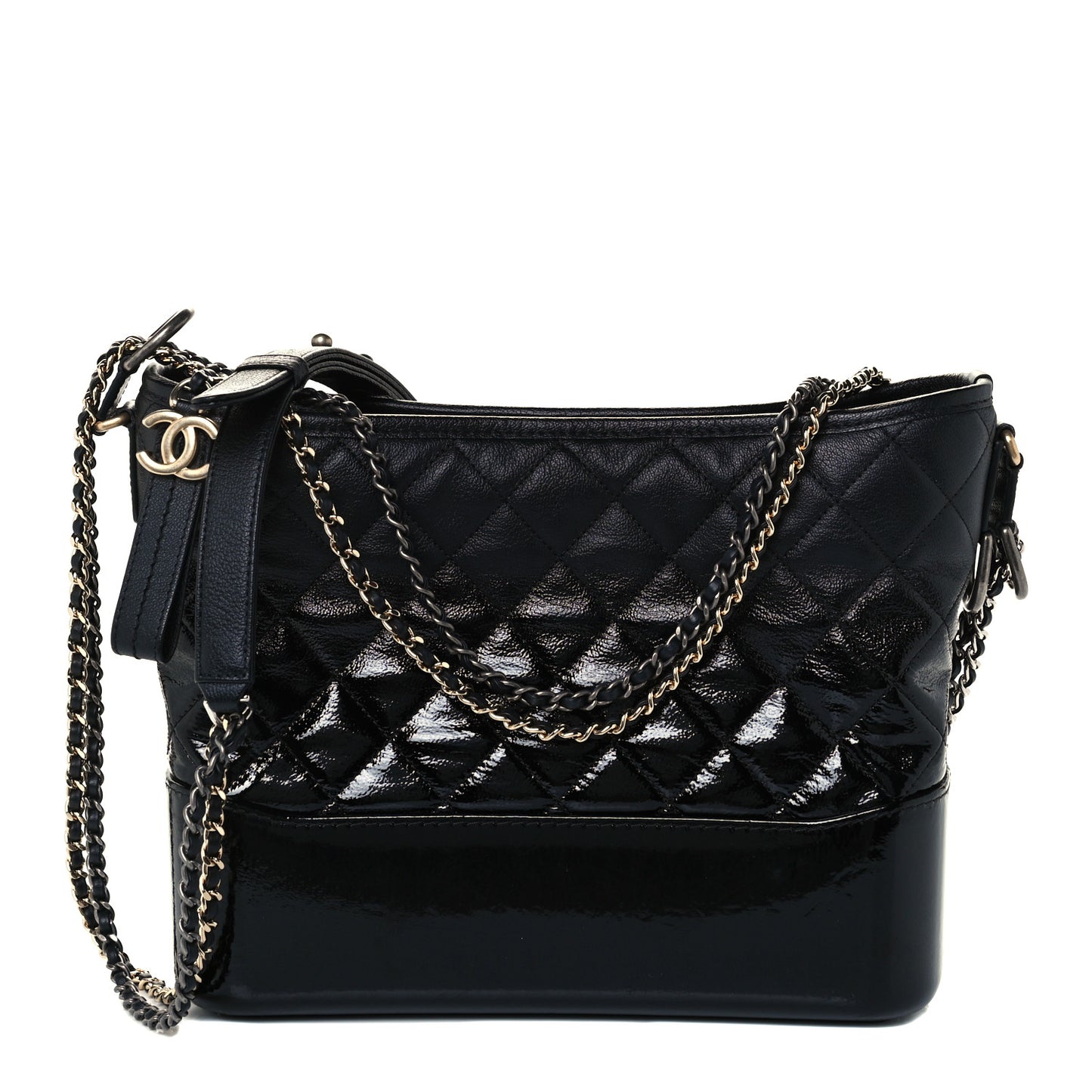 Patent Goatskin Quilted Medium Gabrielle Hobo Black