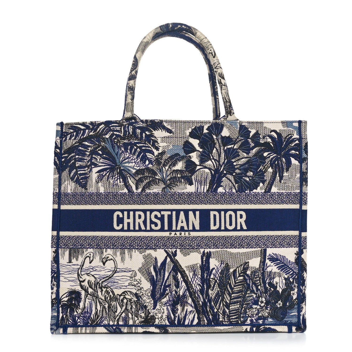 Christian Dior Canvas Embroidered Large Palm Tree Toile De Jouy Book Tote Blue 1 of 10